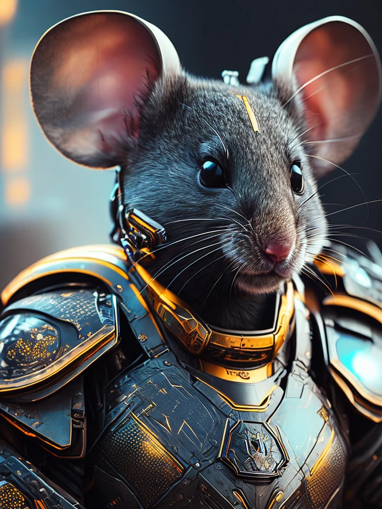 Cute mouse as the doomsday killer, realistic sci-fi cyberpunk power armor robot, close-up portrait , 8k, hdr, ((intricate details, super detailed)), (backlight: 1.3), (movie), (ArtStation : 1.3)