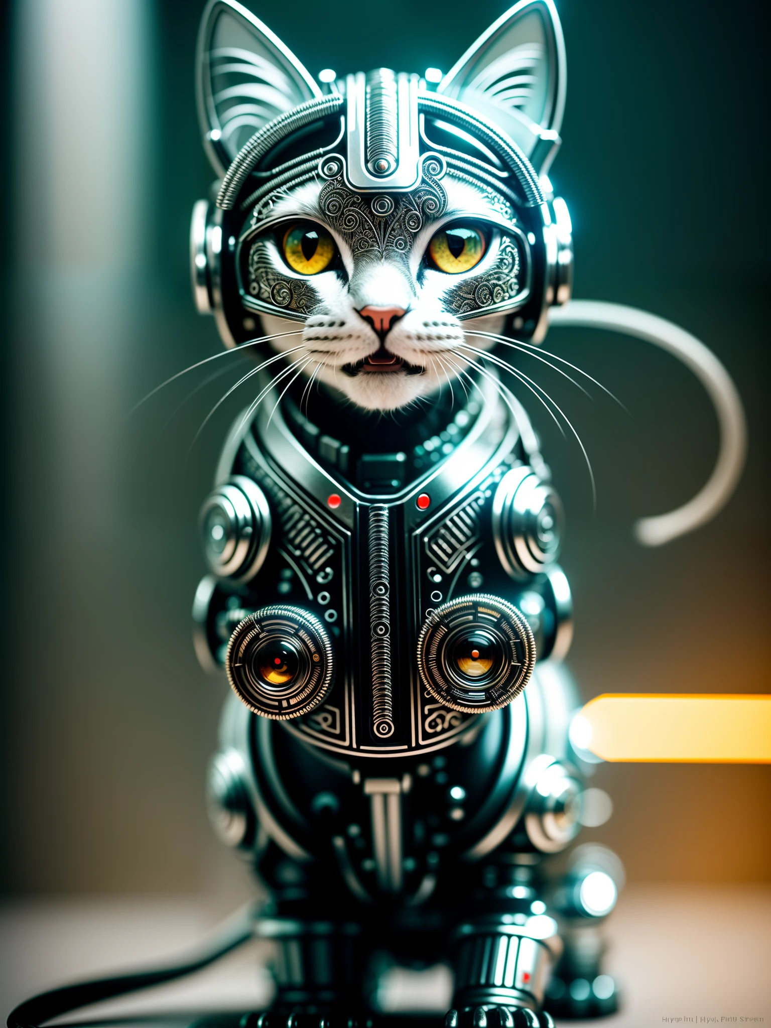 A cute kitten made of metal, (cyborg:1.1), ([tail|detailed wire]:1.3), (intricate detail), hdr, (intricate detail, hyperdetailed:1.2), cine lens, halo shadows , centered