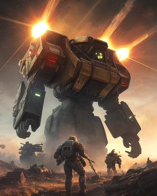 Masterpiece, heavy mech mech, tank is track base, solo, huge gun barrel, dynamic pose, epic light and shadow, best details, realism: 1.4, orange lightsaber in hand, best shadow, side light, fine cloud, dust