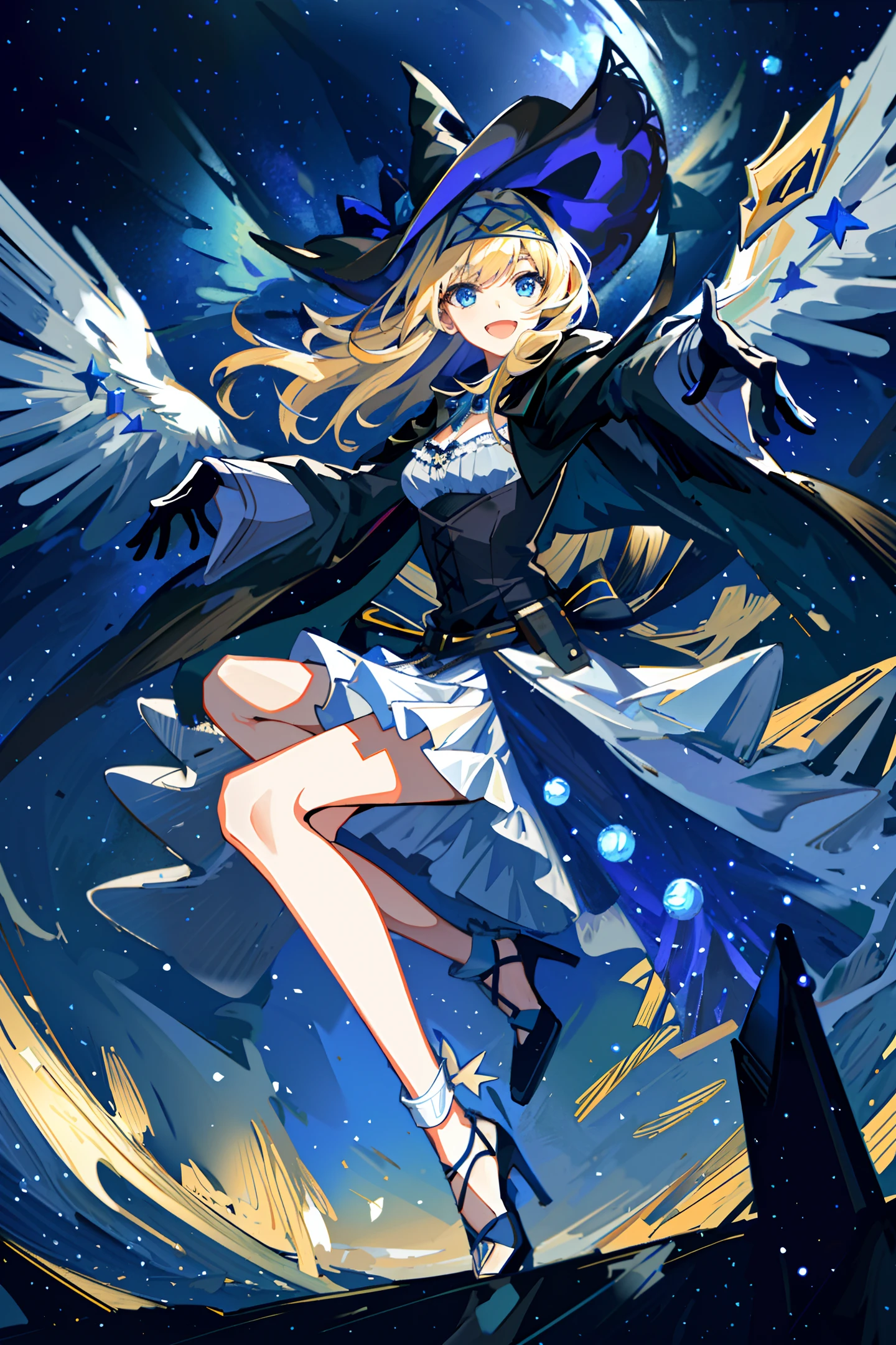 ((masterpiece:1.2, best quality)), 1girl, solo, (witch hat), blonde, long hair, skirt, aurora, night, stars (sky), gloves, sky, white skirt, night sky, mouth open, starry sky, blue eyes, ribbon, long hair, red dress, smile, headband, cloak, blue hair, (bird), magic, spellcasting, dark clouds, night, (Impressionist: 1.4), (Tarot: 1.3), Al François Mucha,