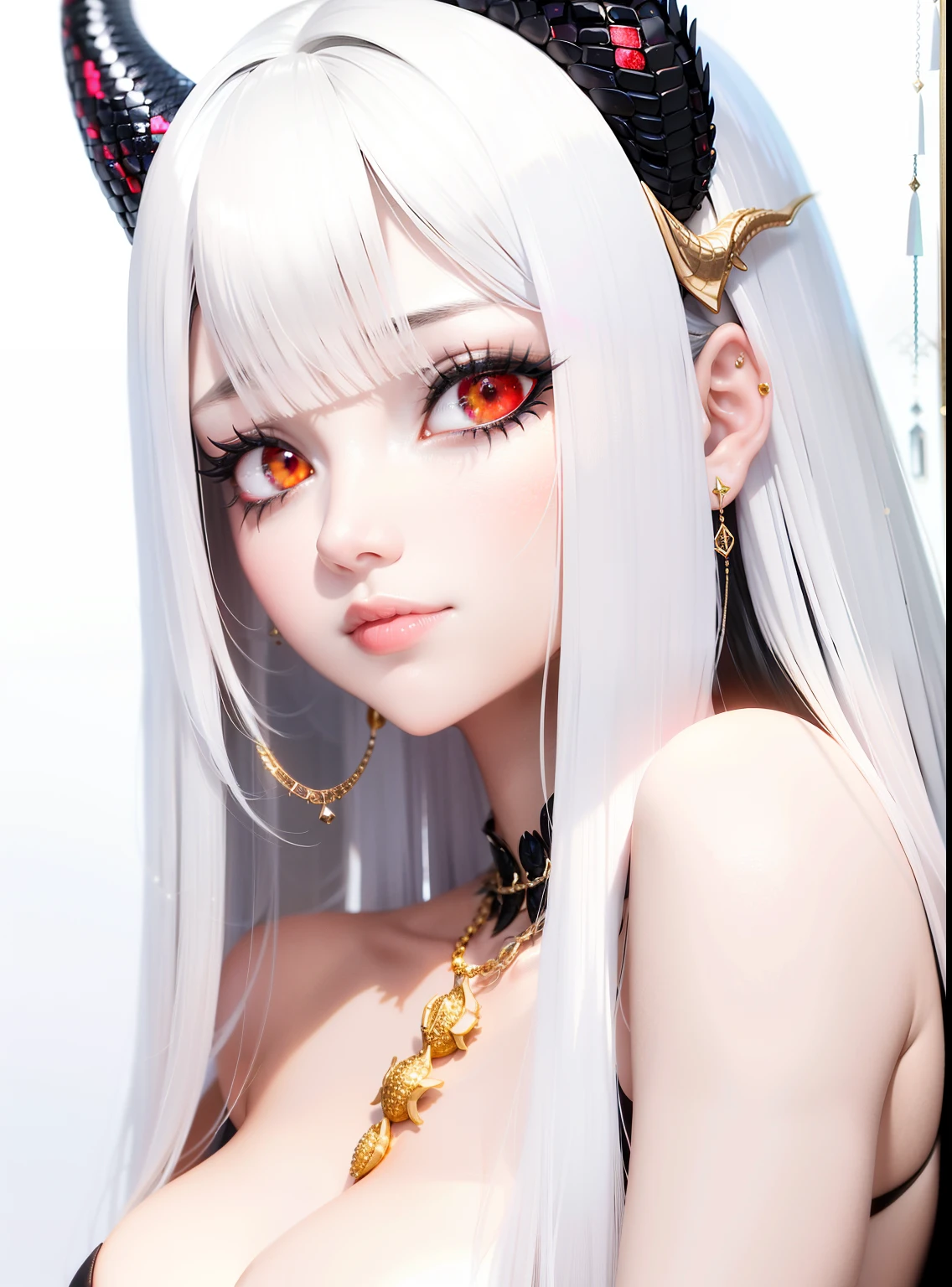 masterpiece, best, 1lady, beautiful, black hair, {red eyes}, black dragon scales, black dragon tail, black forest, firelight, ackenberg diamonds, contempt, palatial clothes, highlights your hair, gold fussy decoration, chain