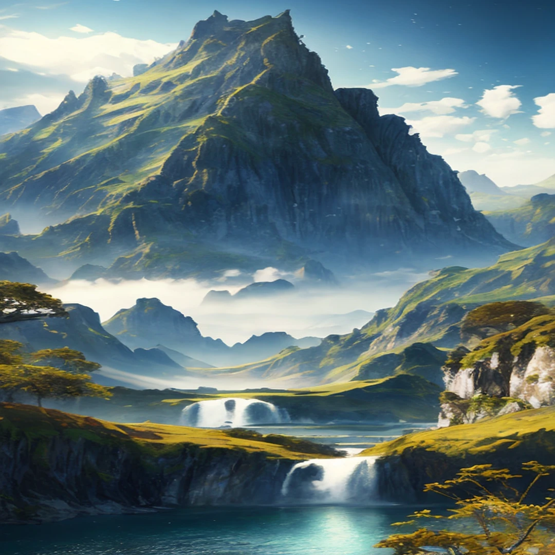 Masterpiece, best quality, high quality, extremely detailed CG unity 8k wallpaper, landscape, outdoor, sky, cloud, sky, no humans, mountain, landscape, water, tree, blue sky, waterfall, cliff, nature, lake, river , cloudy sky, award winning photography, bokeh, depth of field, HDR, bloom, chromatic aberration, photorealism, very detailed, trending on artstation, trending on CGsociety, intricate, high detail, dramatic, midjourney art, size 1280X720