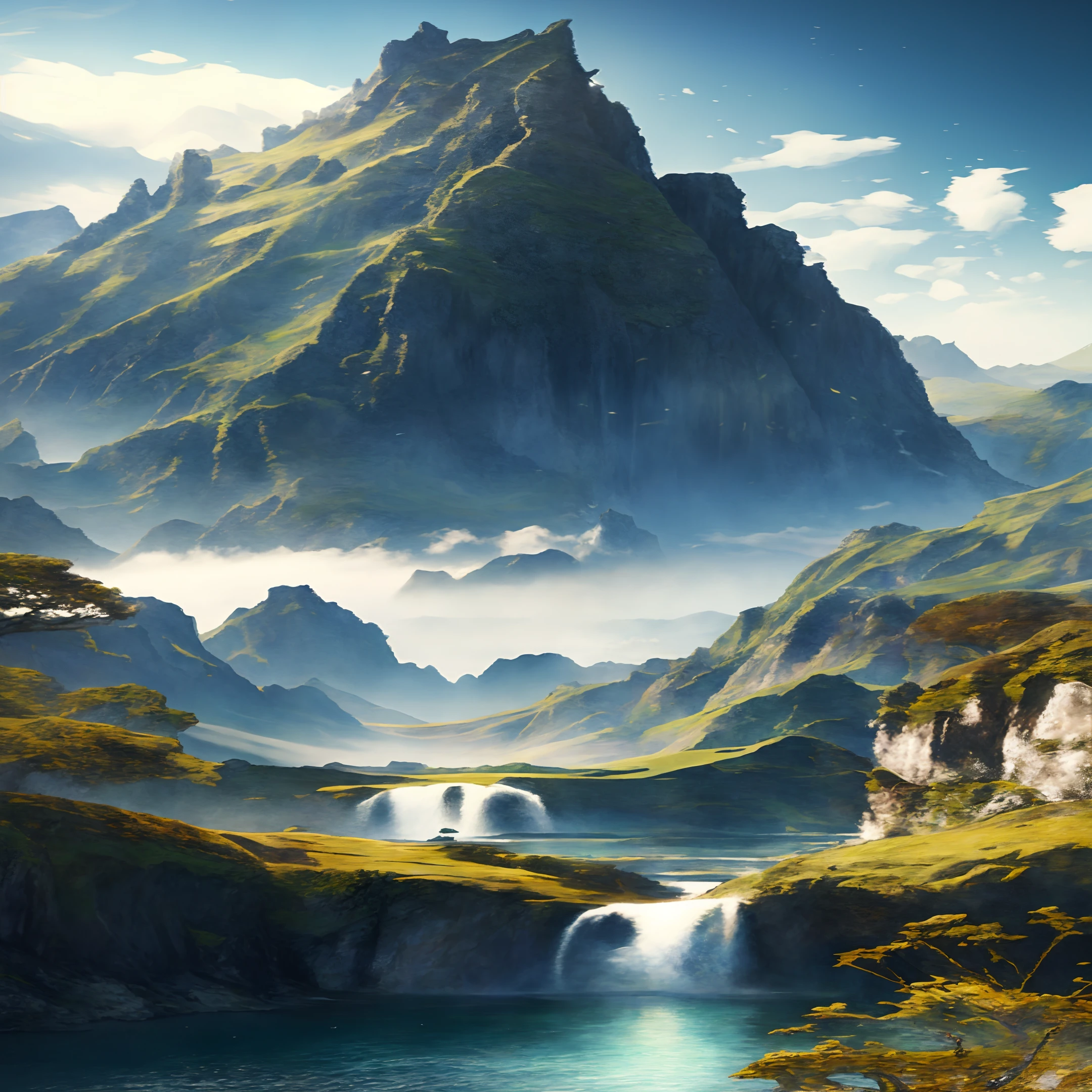 Masterpiece, best quality, high quality, extremely detailed CG unity 8k wallpaper, landscape, outdoor, sky, cloud, sky, no humans, mountain, landscape, water, tree, blue sky, waterfall, cliff, nature, lake, river , cloudy sky, award winning photography, bokeh, depth of field, HDR, bloom, chromatic aberration, photorealism, very detailed, trending on artstation, trending on CGsociety, intricate, high detail, dramatic, midjourney art, size 1280X720