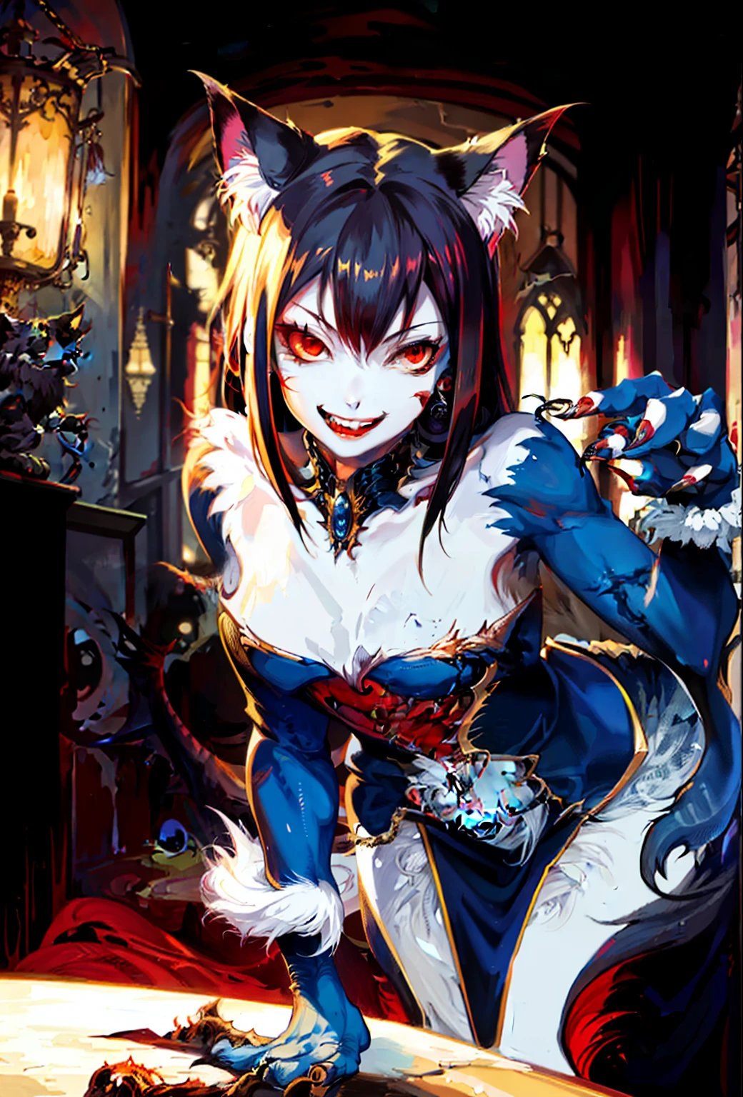 Author: aaron horkey, 1girl, solo, monster girl, fangs, grin, red eyes, horror, cat girl, beautiful face, cute, furry.