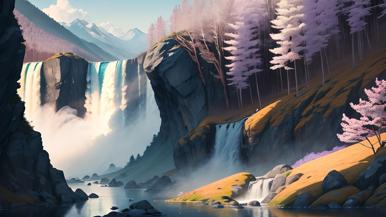 A picturesque landscape painting showcasing a mountainous region with a waterfall cascading into a river. The sun shines brilliantly in the sky, casting warm rays of light over the landscape and creating a haze of purple smoke rising from an incense burner in the foreground. In the distance, the viewer can see the majestic waterfall and the misty spray it creates as it crashes into the river below. The atmosphere is peaceful and serene, evocative of the famous poem "Viewing the Waterfall at Mount Lu" (日照香炉生紫烟,遥看瀑布挂前川). Created using traditional Chinese ink painting techniques or watercolor, with an emphasis on capturing the beauty and tranquility of nature. --ar 16:9 --v 4
