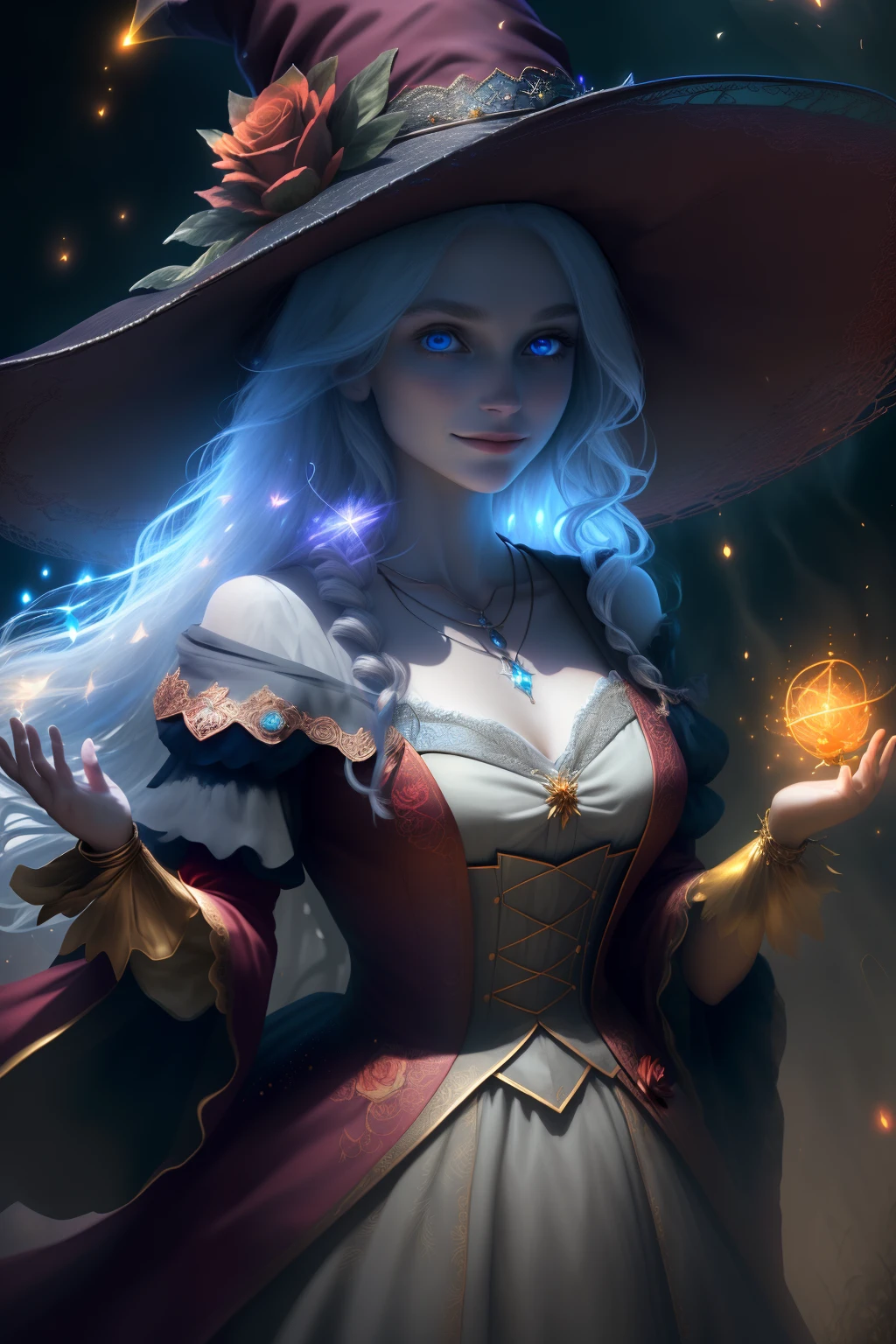 (extremely detailed CG unity 8k wallpaper, masterpiece, best quality, ultra-detailed), (an enchanting and captivating girl with a majestic witch hat, adorned with resplendent golden hair and a bewitching red rose), looking at viewer, (upper body:1.3), (dynamic angle, dazzling blue eyes, exquisite necklace, enchanting smile), (a background of magic and mystery, fireflies, glowing particles, ethereal mist, and a touch of darkness), high saturation, cinematic light, rim lighting, best shadow