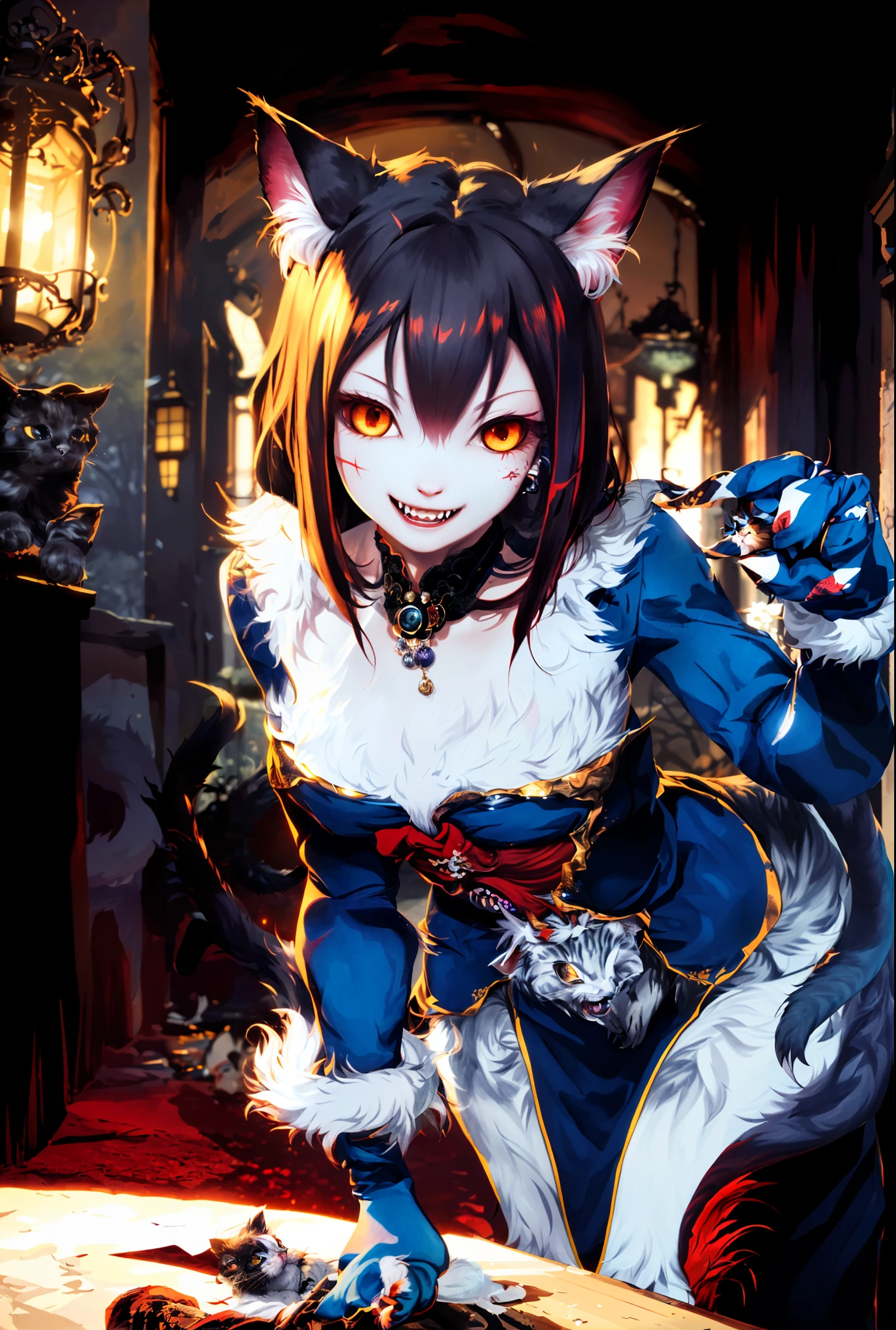(ultra-detailed CG art, masterpiece, best quality), solo, (horror, yokai girl, cute, fluffy fur, fangs, cute grimace, red eyes, cat girl, beauty), floating, volumetric lighting, detailed background.
