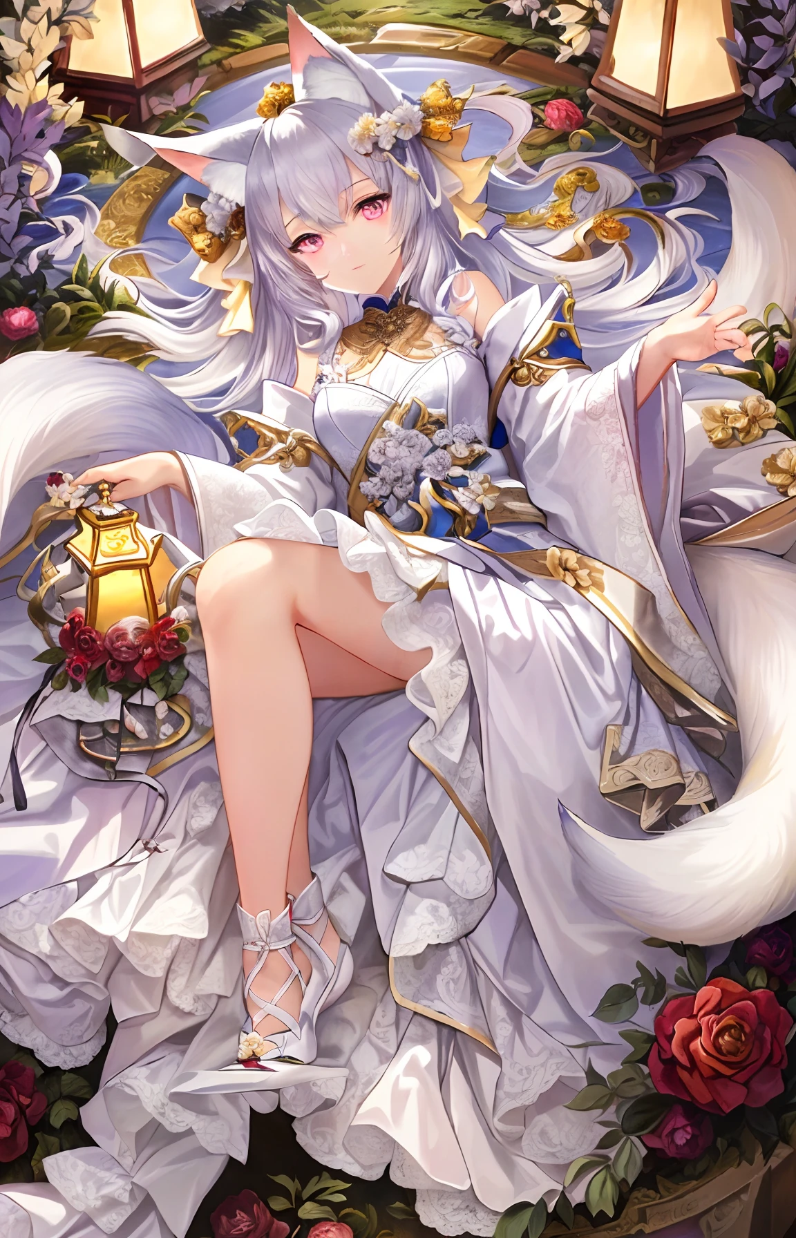 ((best quality)), ((highly detailed)), masterpiece, ((official art)), (detailed eyes, deep eyes), (1girl:1.33, solo), (hair_censor), (kitsune,fox ears, multiple tails, fox tail, (old lace white) hair), lace white dress, close to viewer, pink eyes, light smile