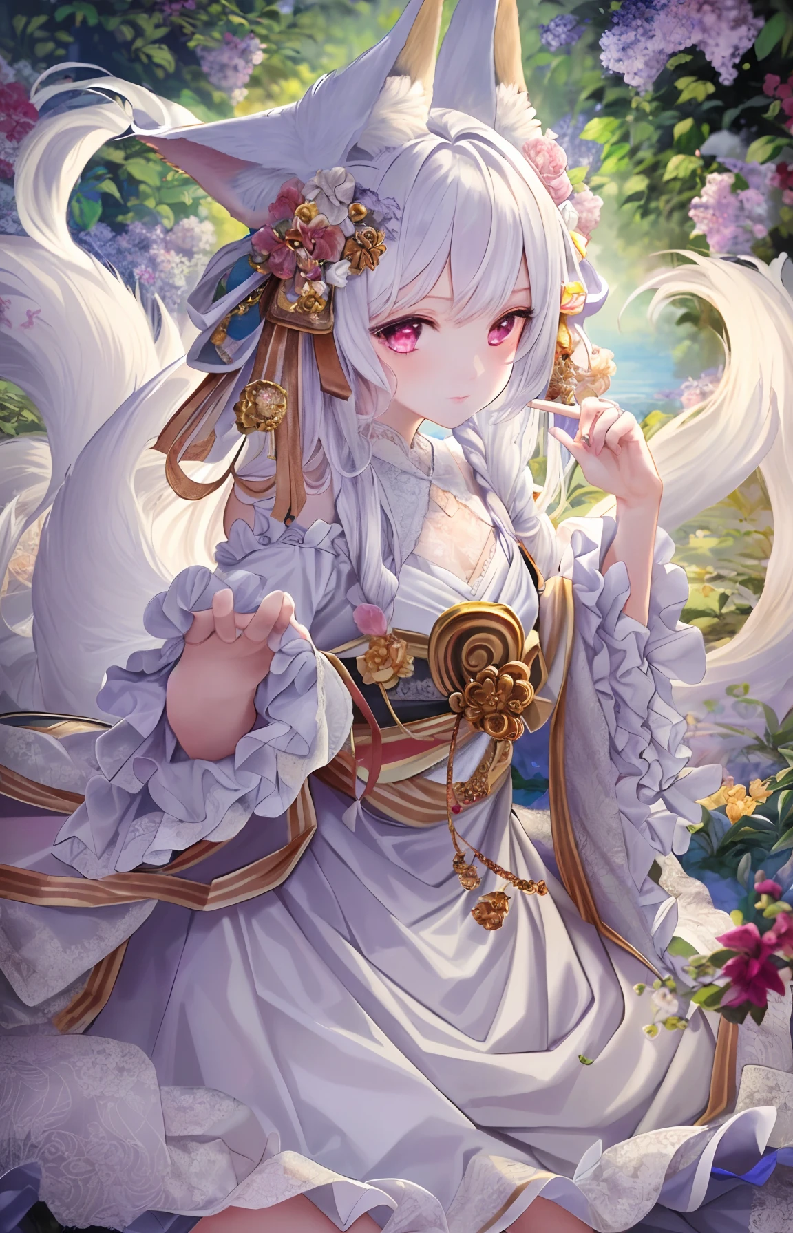 ((best quality)), ((highly detailed)), masterpiece, ((official art)), (detailed eyes, deep eyes), (1girl:1.33, solo), (hair_censor), (kitsune,fox ears, multiple tails, fox tail, (old lace white) hair), lace white dress, close to viewer, pink eyes, light smile