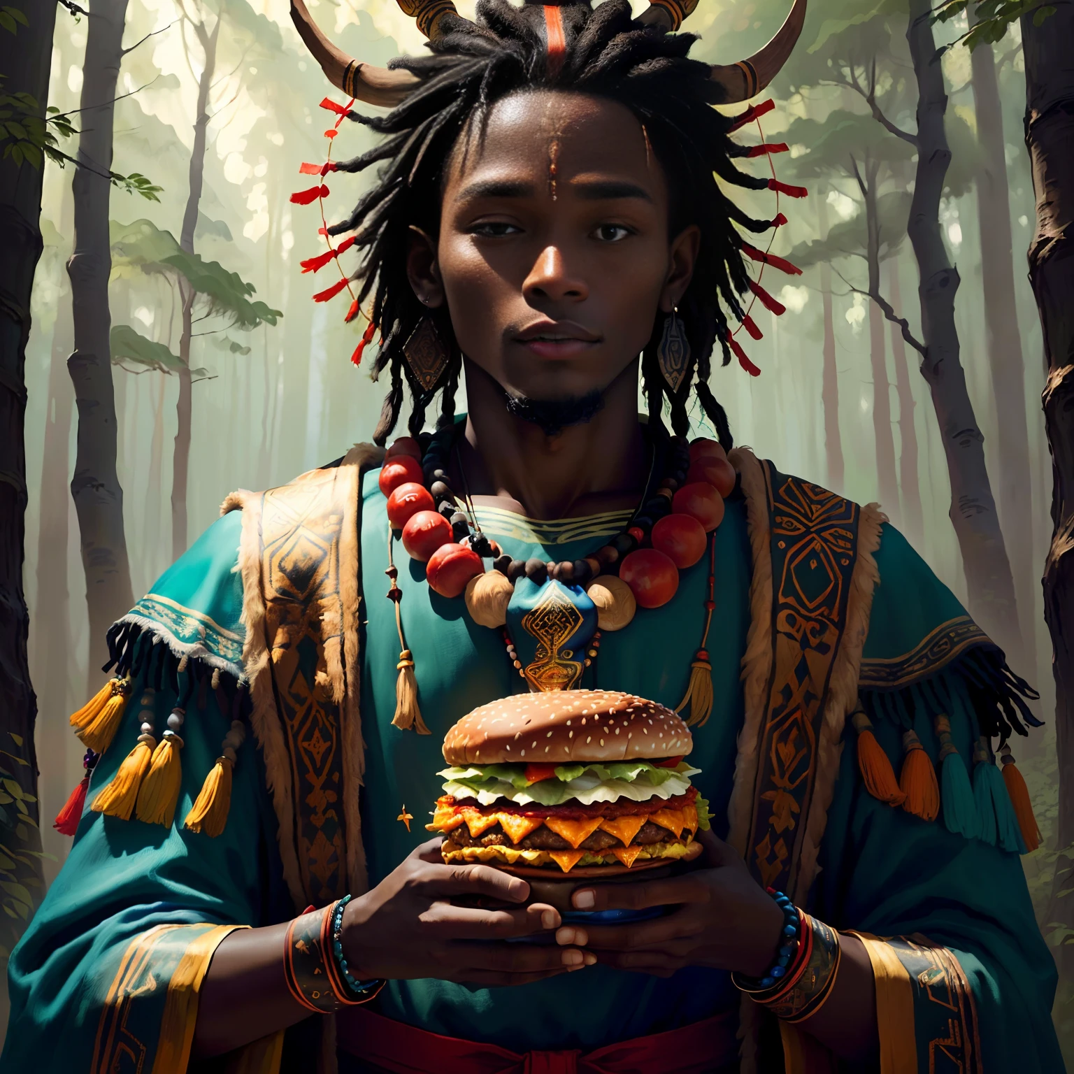 (best quality), (super fine), (masterpiece), illustration, (young man), in the forest, shaman, black skin, wearing shaman's decoration, praying，In front of you is a huge KFC hamburger,