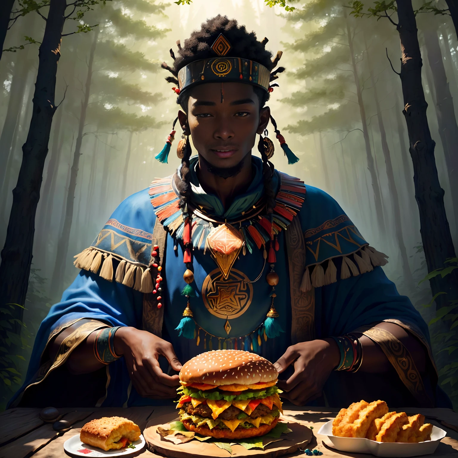 (best quality), (super fine), (masterpiece), illustration, (young man), in the forest, shaman, black skin, wearing shaman's decoration, praying，In front of you is a huge KFC hamburger,