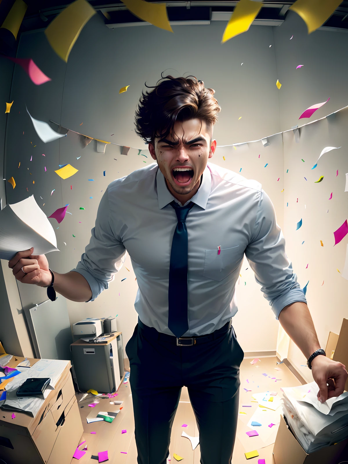 A man in work clothes, standing in a messy office, screaming loudly, confetti flying around, dynamic image, impact, top view camera, panorama, camera away from man