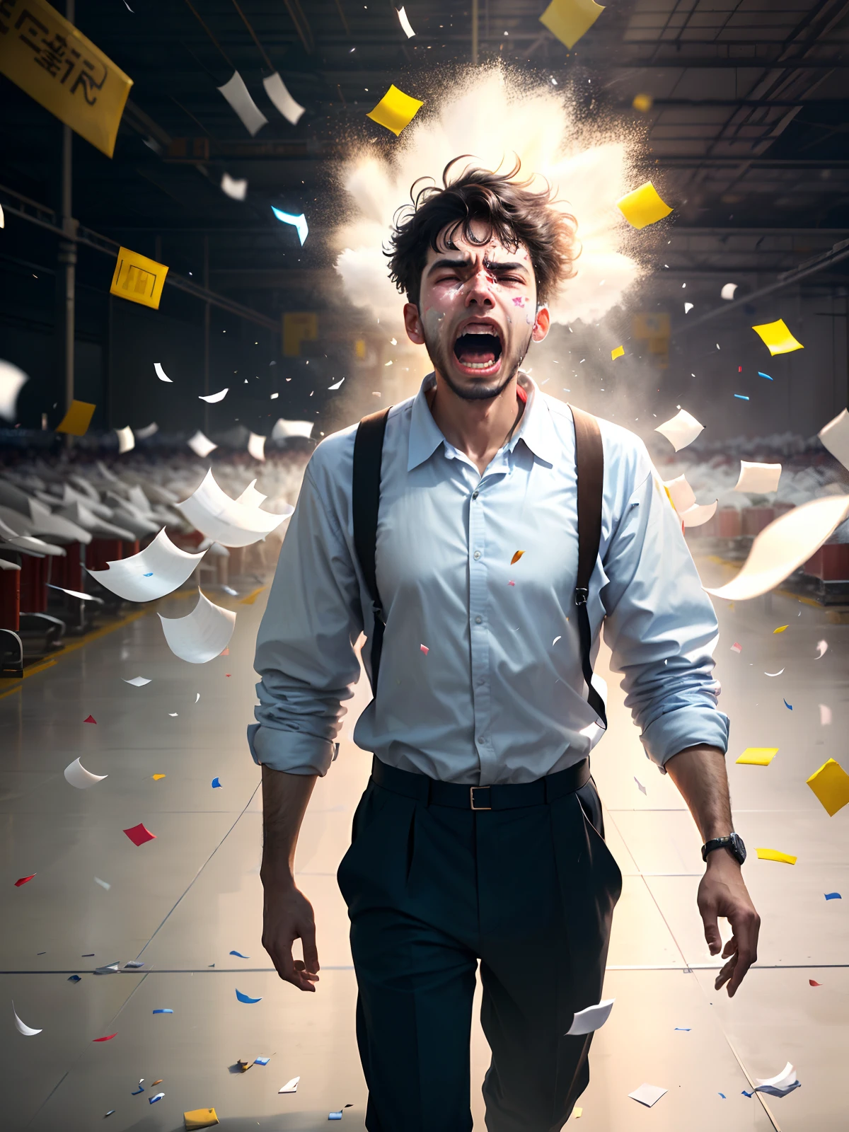 A man in worker's clothes screaming loudly while standing in a messy production hall, white confetti flying around, motion graphics, impact, top view camera, panorama, camera away from man