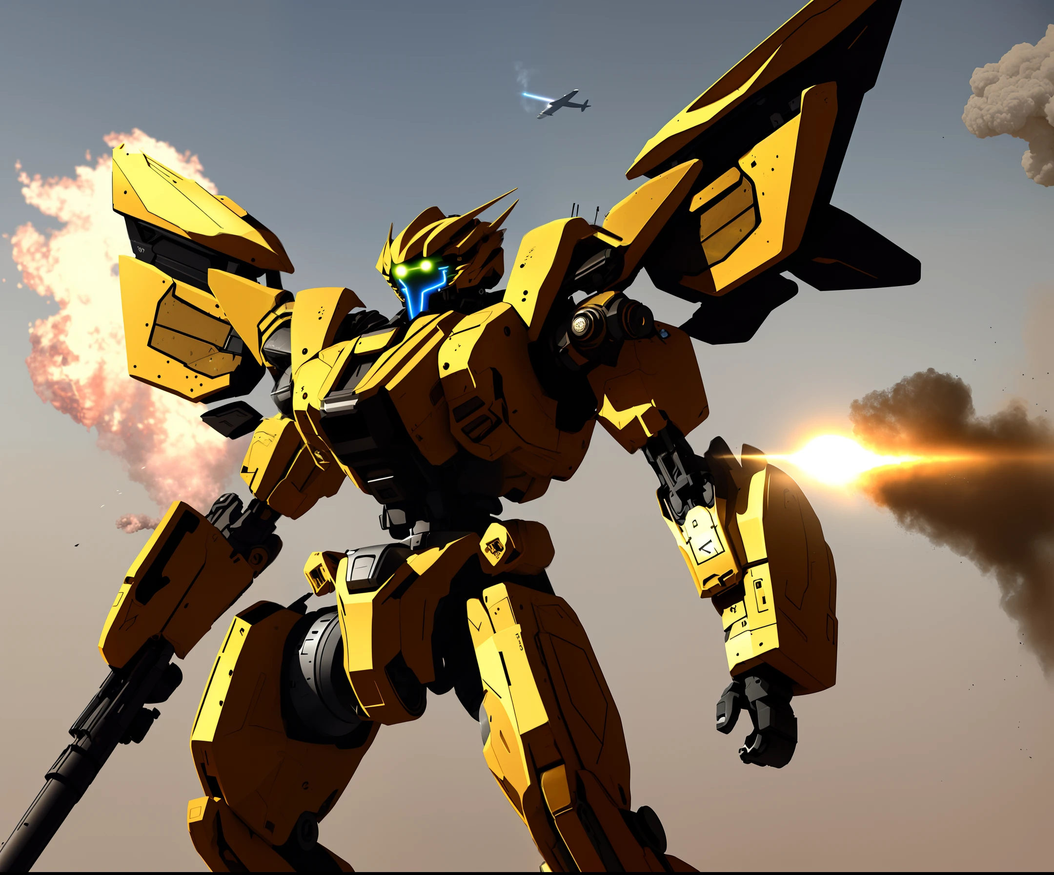 ((dramatic angle:1.2),(dynamic pose),(extremely delicate and beautiful mobile-suits),(8k wallpaper, masterpiece, best quality, illustration),no humans,(black:2+gold:0.2+blue:1 machine body),(huge weapon),science fiction ,nobody, solo, open hand, full body, mechanical wings, standing, glowing eyes ,cloud, jet, purple lightsaber, flying, sunshine, realism, fragmentation, dust, smoke, explosion in background)