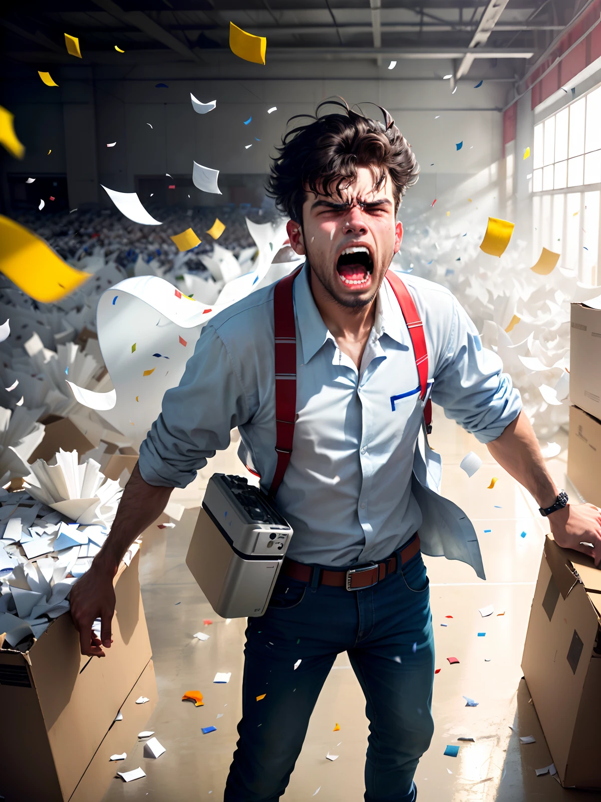 A man in worker's clothes screaming loudly while standing in a messy production hall, white confetti flying around, motion graphics, impact, top view camera, panorama, camera away from man