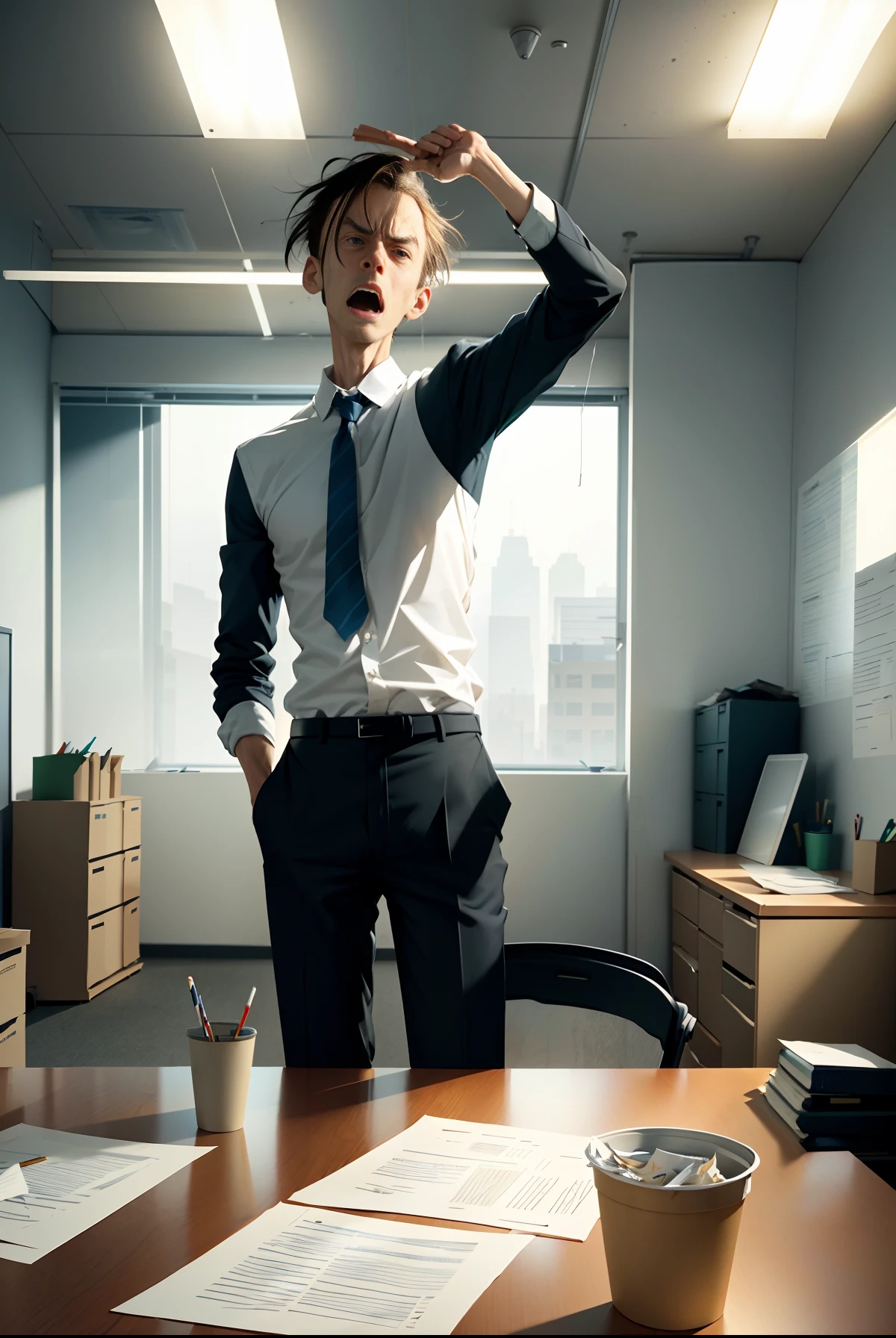 In an empty office, a thin man throws away the paper and smashes his hands on the table, angry, roaring, the paper is full of flying, the picture is impactful, dissatisfied with overtime, high definition, illustration, poster