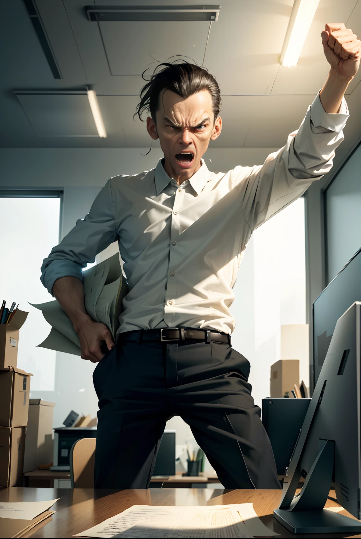 In an empty office, a thin man throws away the paper and smashes his hands on the table, angry, roaring, the paper is full of flying, the picture is impactful, dissatisfied with overtime, high definition, illustration, poster