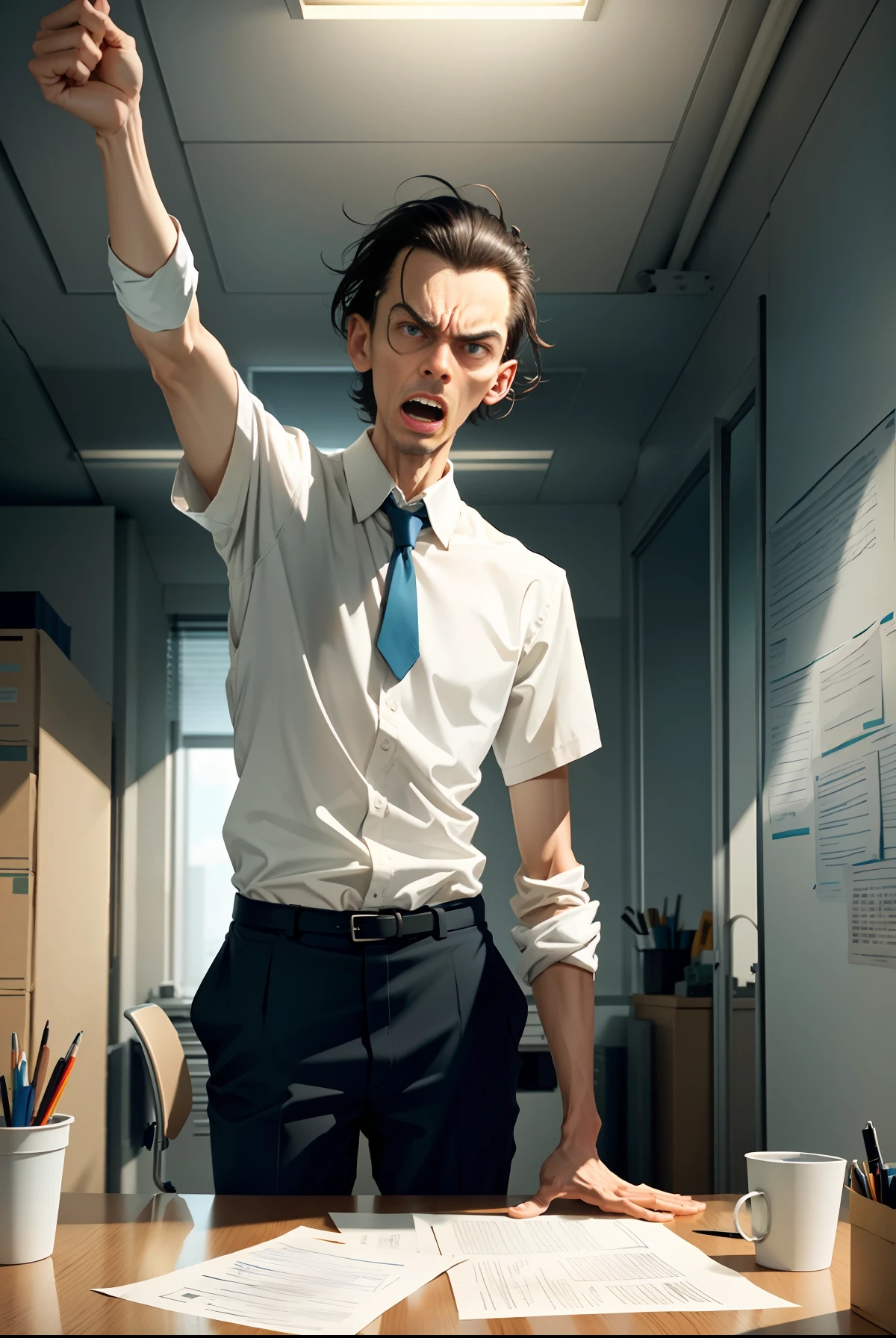 In an empty office, a thin man throws away the paper and smashes his hands on the table, angry, roaring, the paper is full of flying, the picture is impactful, dissatisfied with overtime, high definition, illustration, poster
