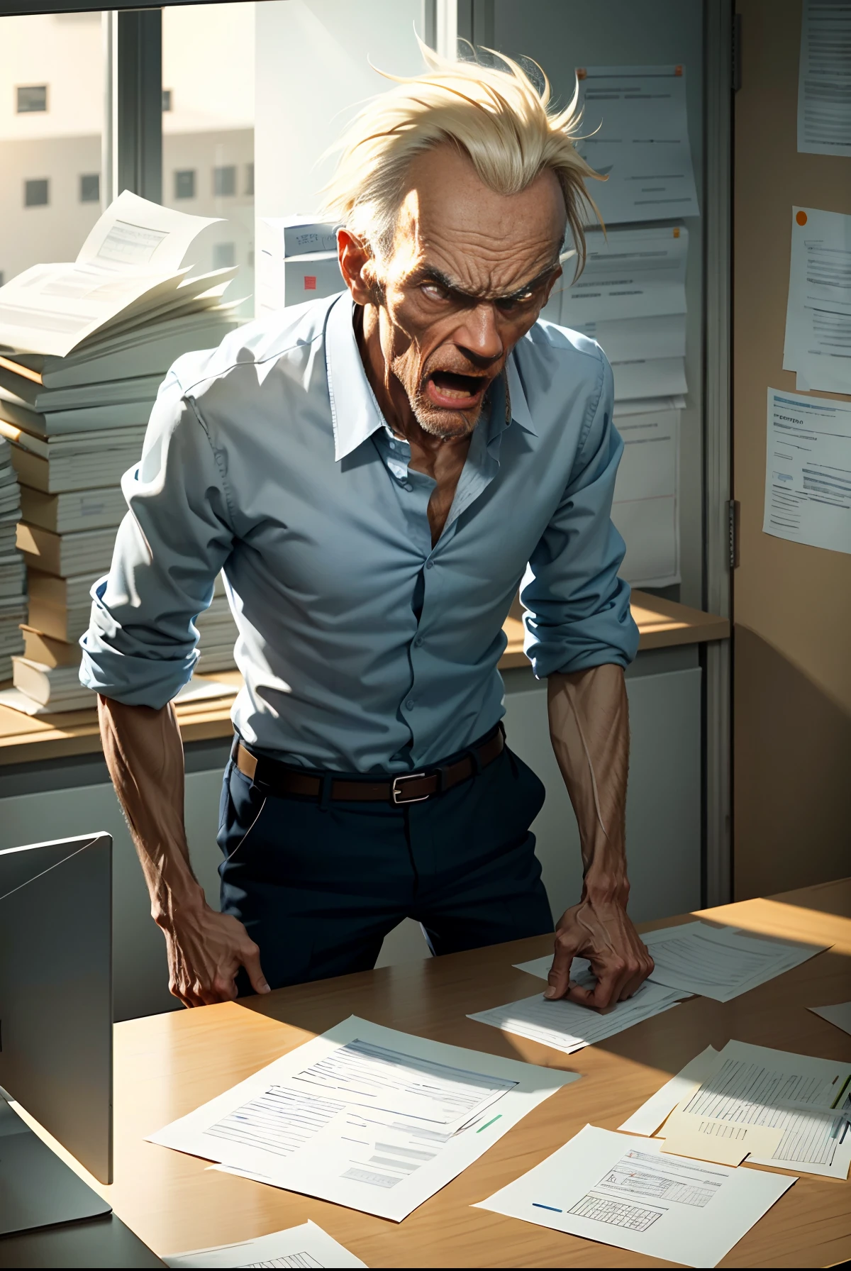An emaciated man in an empty office, slamming his hands on the table, angry, roaring, full of papers, impactful picture, dissatisfied with overtime work, high definition, illustration,