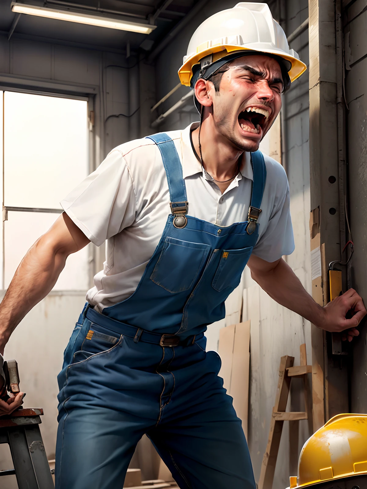 A man in worker's clothing and hard hat screaming at a work shop