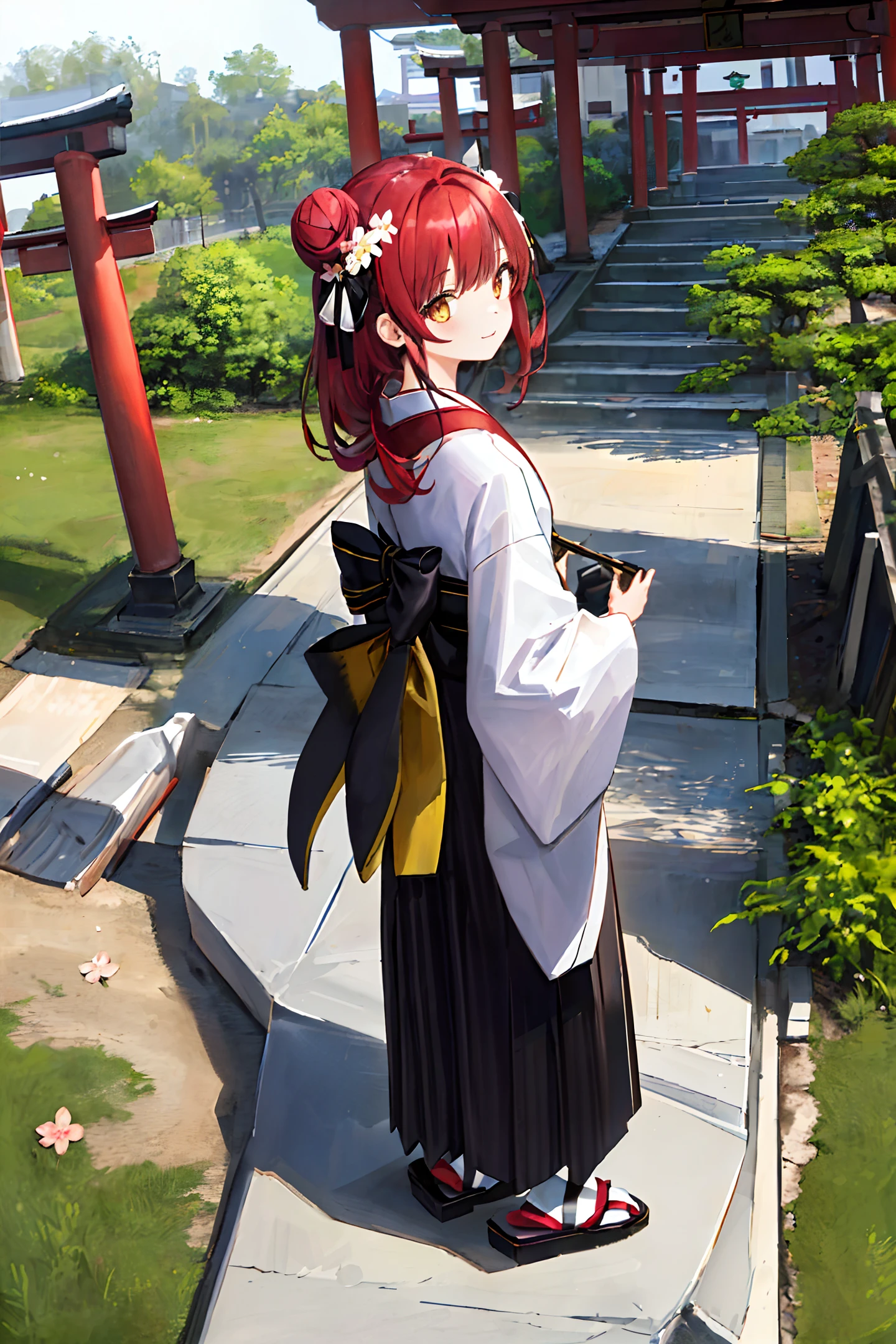 ((masterpiece,best quality)),2girls, black kimono, black legwear, black ribbon, black hair, cherry blossoms, day, flower, hair bun, hair ribbon, japanese clothes, kimono, long hair, looking at viewer, looking back , multiple girls, belts, outdoors, red eyes, red hair, ribbon, sandals, single bun, stairs, standing, statue, torii, tree, white kimono, yellow eyes