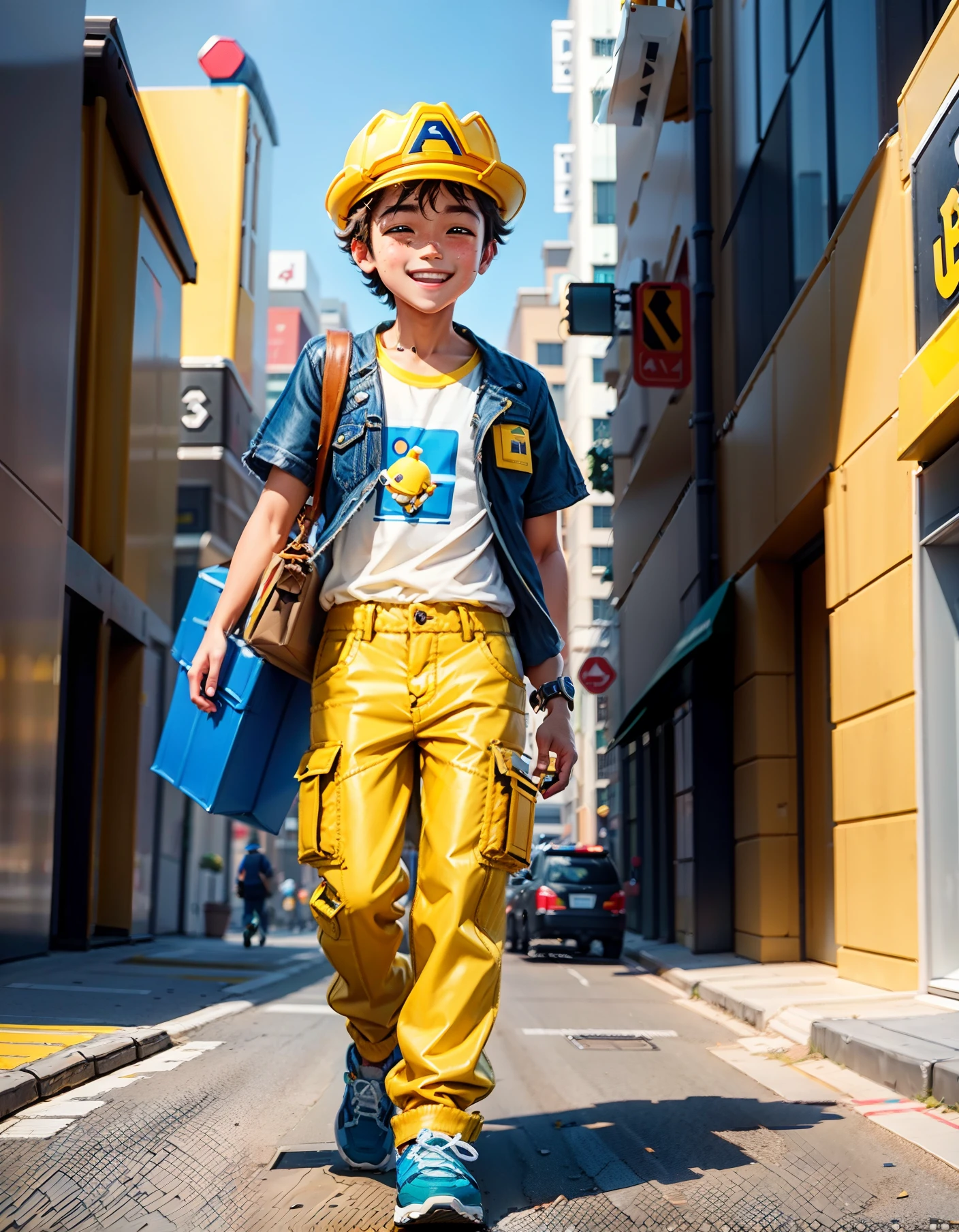 A Courier, cute boy,feel happy,wearing a yellow hat, yellow coat, blue pants, delivering parsel box,full body,front view,popmart blind box,clay material,Pixar trend,3d art,c4d,octane render, ray tracing,Full Length Shot,Clean background,High Detail,Hyper Quality,Super Clarity,--ar 3:4