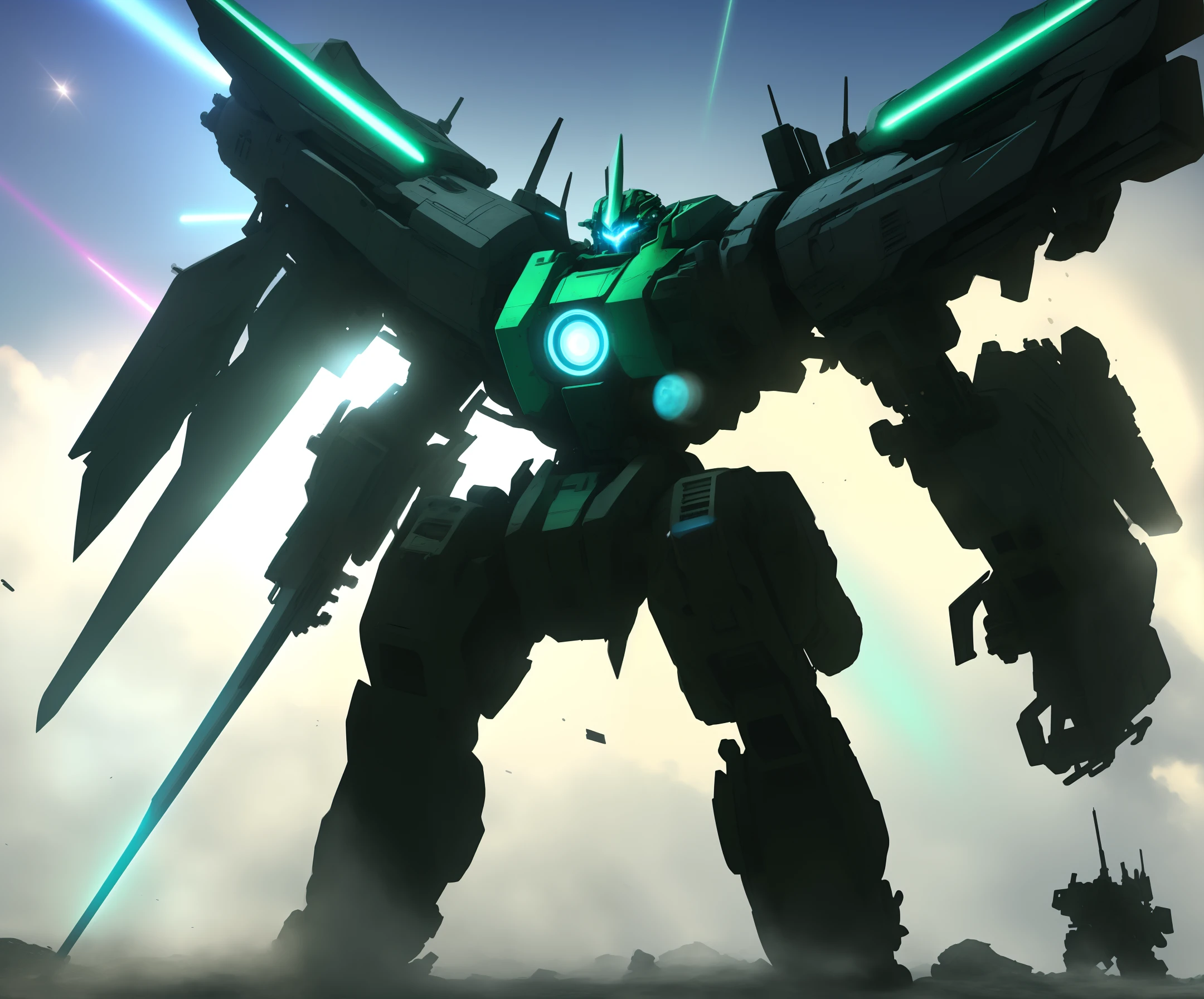 &quot;See exquisitely beautiful and deadly mobile suits wielding massive weapons from a dramatic angle (x1.2) and dynamic poses. This 8k wallpaper masterpiece illustration depicts a world without humans, featuring mechanical wings and flying lights The eyes reflect the background effects of clouds and explosions. The machine comes in a black (x2), green (x0.2) and blue (x1) color scheme and wields a huge laser weapon. The scene is full of photorealism, debris, Dust, smoke and purple laser swords all bathed in sunlight, highest quality, extreme detail, side light, RTX