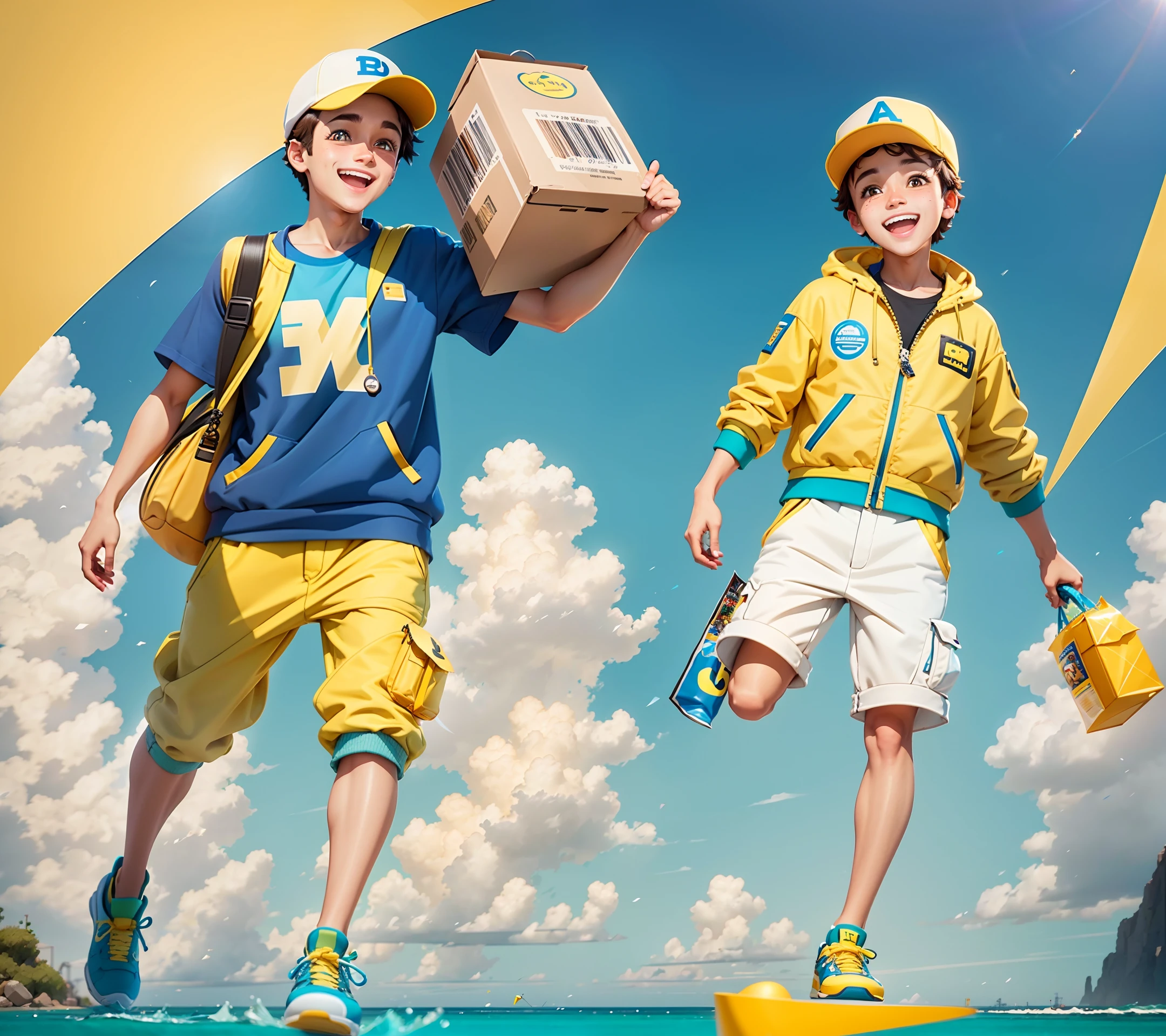 A cheerful and adorable delivery boy wearing a yellow cap, yellow jacket, and blue pants in a full body shot. He is holding a popmart blind box and clay materials, with a trend inspired by Pixar, 3D art, and C4D. Rendered using Octane and hyper-detailed textures, the image features clean and minimalist background. The prompt is optimized for 3:4 aspect ratio.
