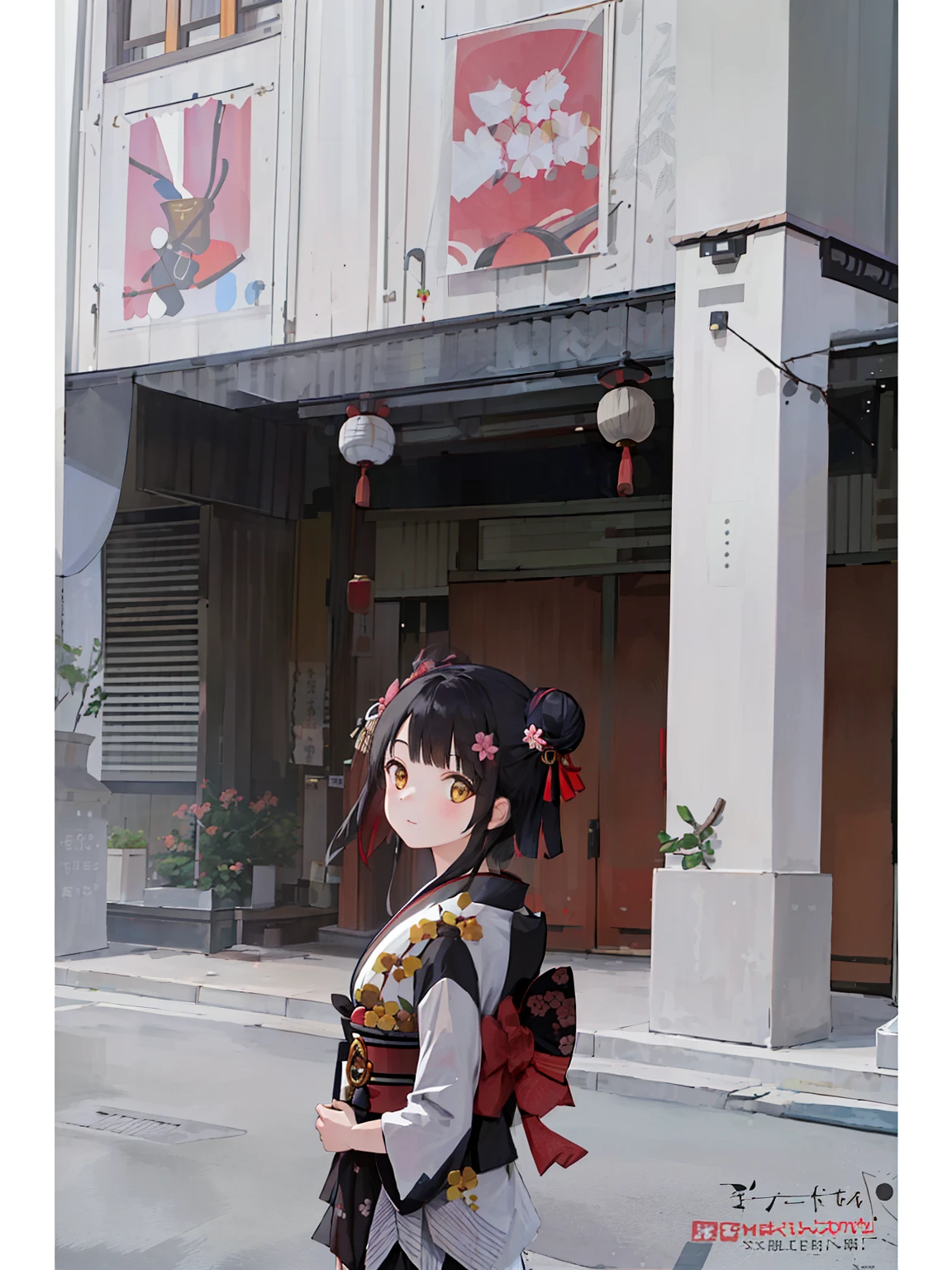 ((masterpiece,best quality)),2girls, black kimono, black legwear, black ribbon, black hair, cherry blossoms, day, flower, hair bun, hair ribbon, japanese clothes, kimono, long hair, looking at viewer, looking back , multiple girls, belts, outdoors, red eyes, red hair, ribbon, sandals, single bun, stairs, standing, statue, torii, tree, white kimono, yellow eyes