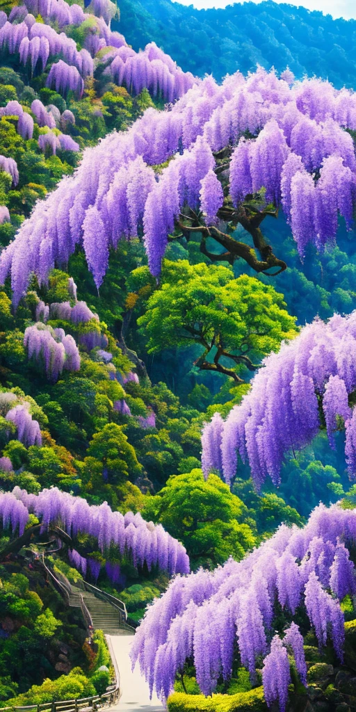 Beautiful and lush mountain scenery of a purple wisteria tree, reminiscent of the works of Miyazaki, Nosaka, and Studio Ghibli. Full of vitality and wildness, captured in an aspect ratio of 9:16 - a true masterpiece to behold.