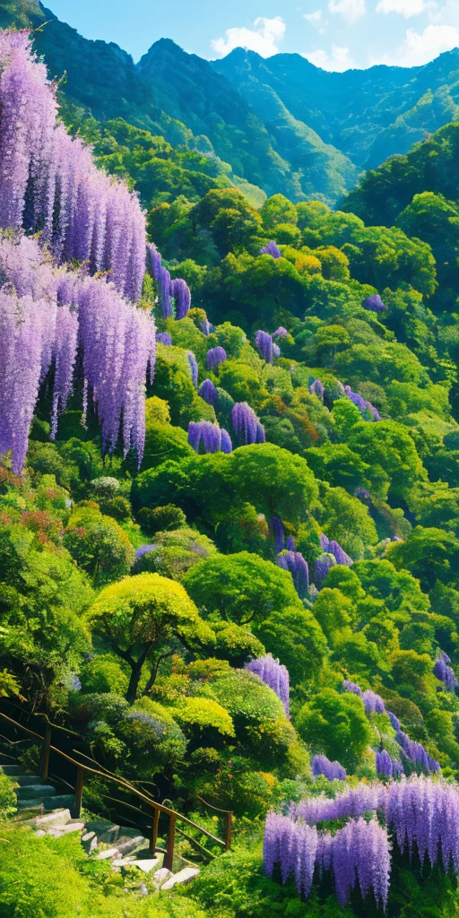 The beautiful and lush mountain scenery with wisteria trees is reminiscent of the works of Hayao Miyazaki, Nosaka and Studio Ghibli. Vibrant and wild, shot in a 9:16 aspect ratio - a true masterpiece.
