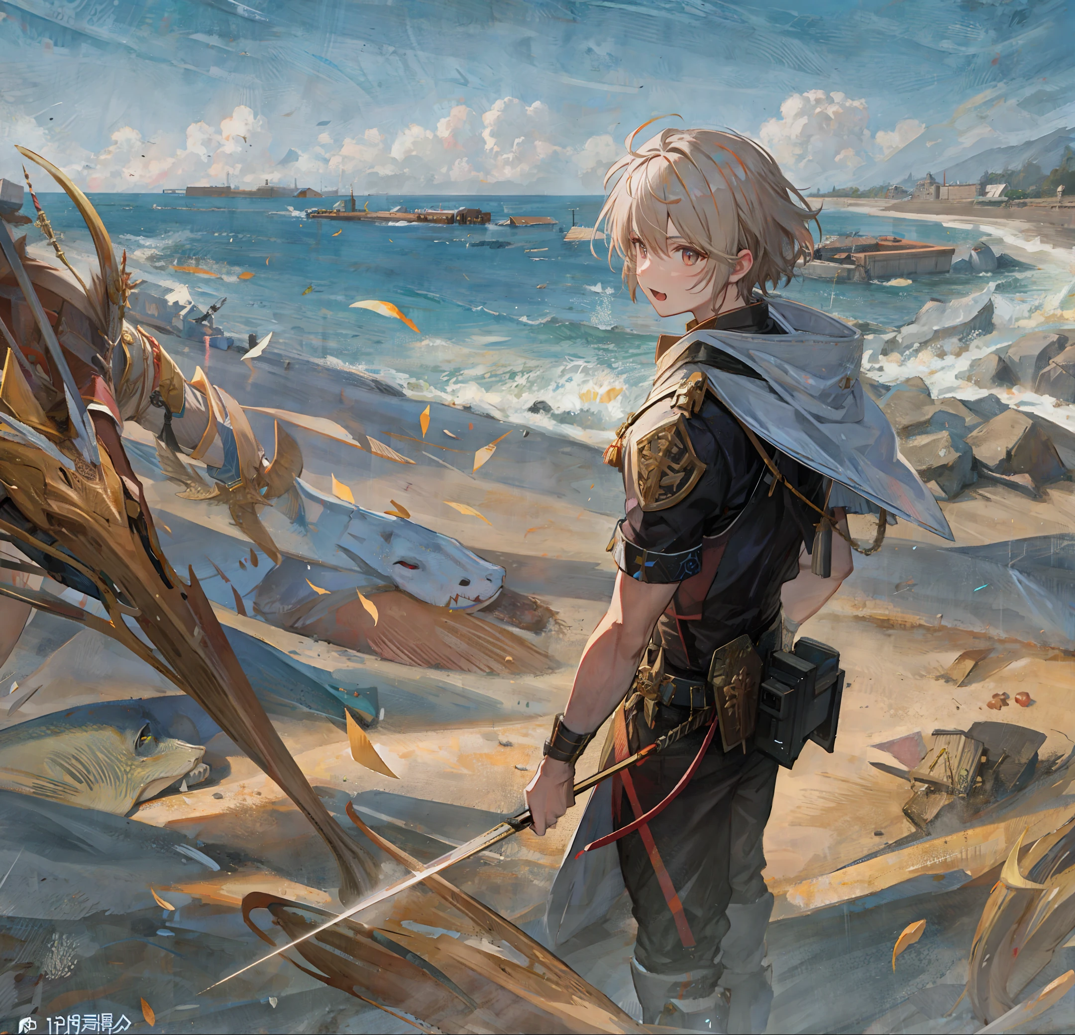 A national-style boy with Fang Tian's painted halberd confronts the giant dragon