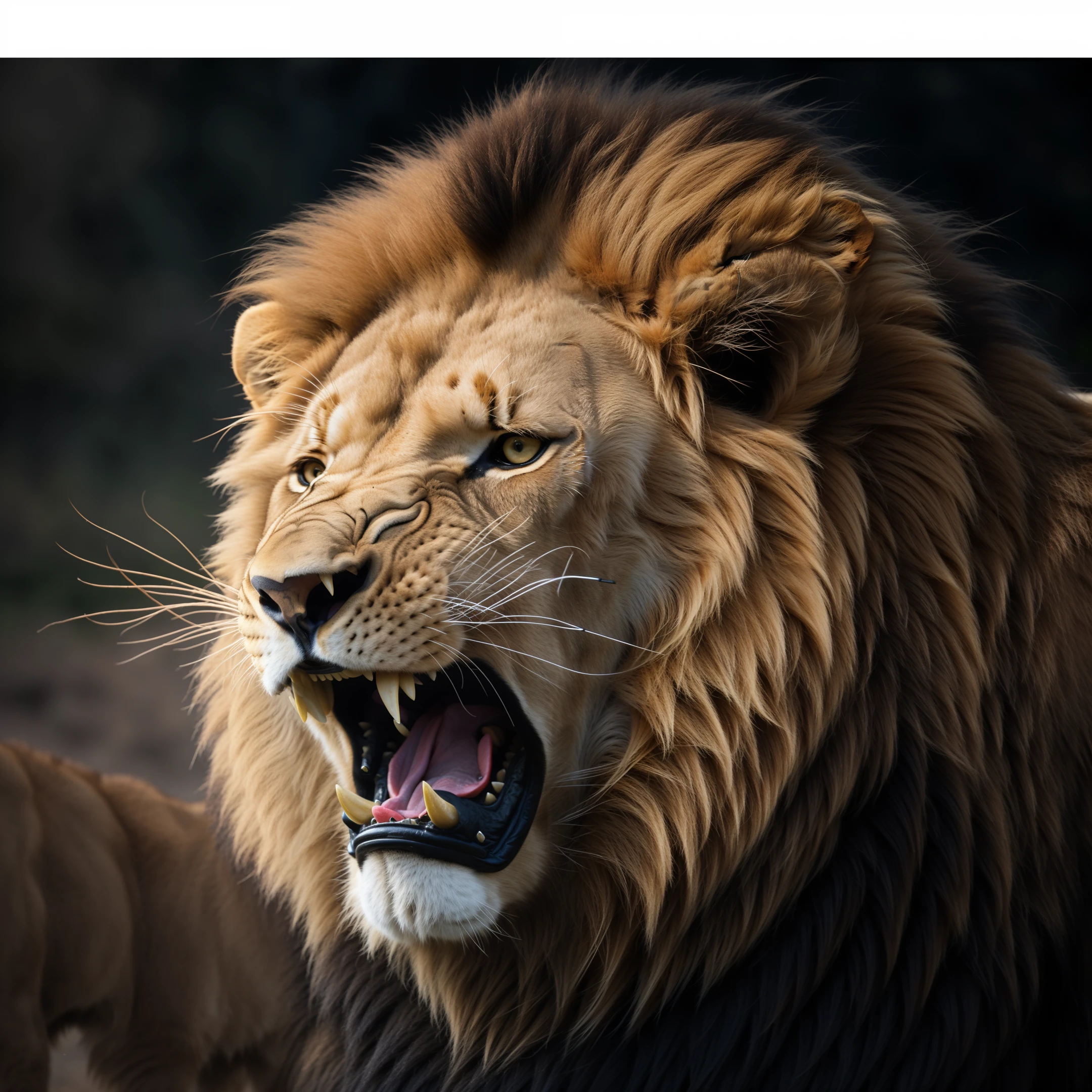 1 lion (three quarters), roaring with mouth open, roaring, scowling, detailed fur, realistic, ultra-high-definition, film-level lighting effects, 8k.