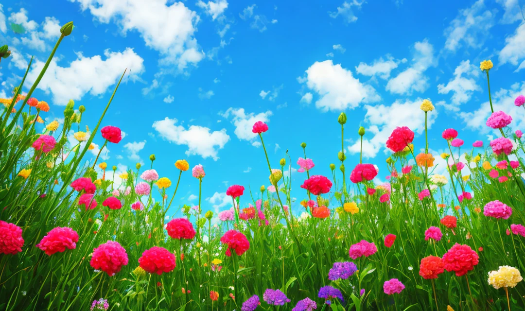 Among the flowers, carnations, big grass, looking up, blue sky