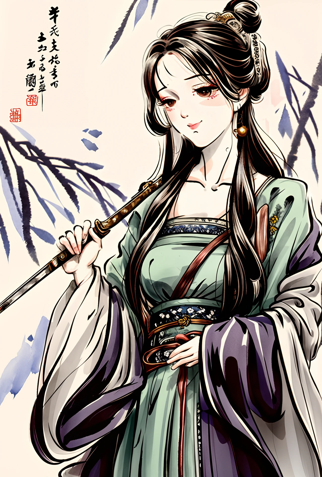 Negative Space, , Ink Bisim, Standing Statue, Willow Branch, (Masterpiece, Best Quality: 1.2), Chinese Painting, Model Style, Peaceful, (Smiling), Looking at Viewer, Wearing Long Hanfu, Hanfu, Song, Background Willow, Wu Chang said, holding a sword