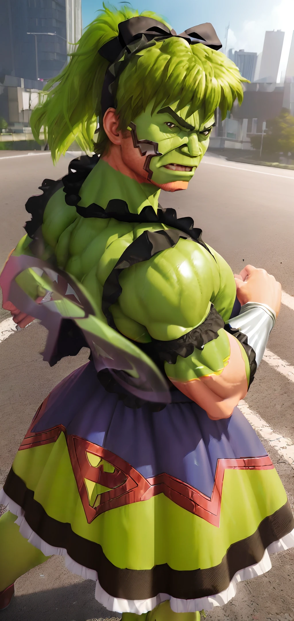 (Marvel Superhero Hulk:1.5), (wearing ta dress:1.5), twin ponytail wig and lace headband accentuating his huge frame, roaring at camera, strong muscles, outdoor street view of broken road and collapsed buildings, full body, isometric, 3d render, vray render, art station, high quality, ultra hd detail, cinematic light, ultra hd, high detail, 8k, high detail , film grade, global illumination, realistic lighting, Unreal Engine rendering, Octane rendering