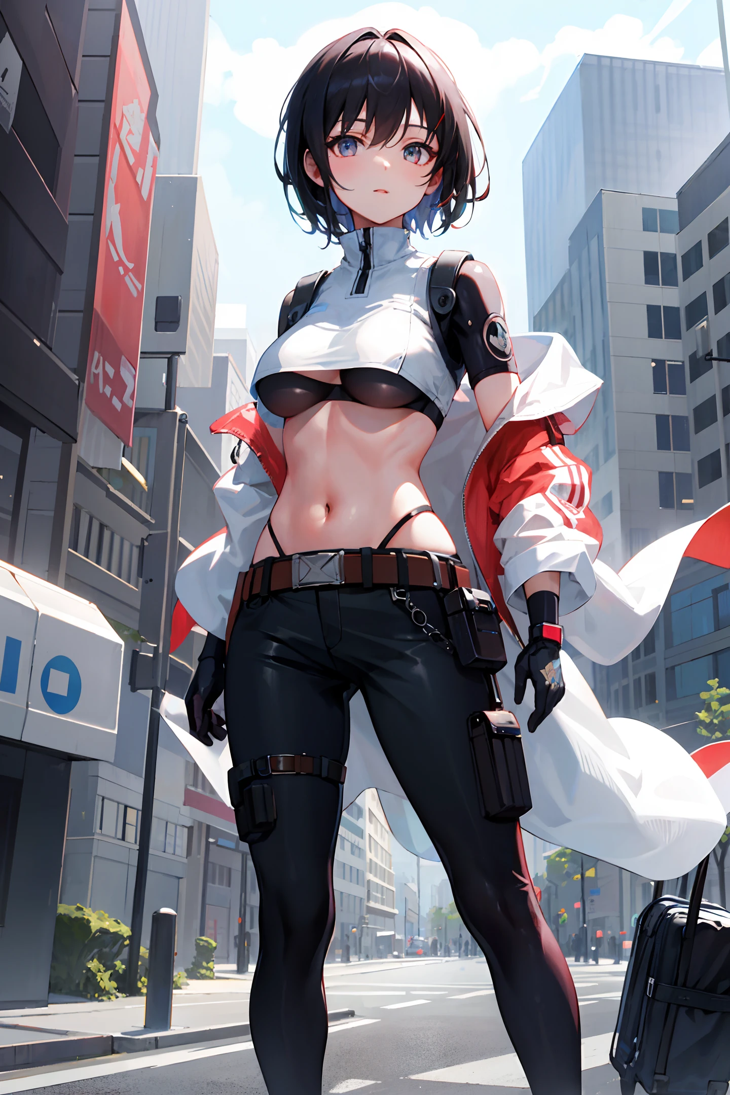 (delicate beautiful eyes and detailed face, masterpiece side light, masterpiece, best quality, detailed, high resolution illustration), (urban tech clothing, cybernetic background, sunny city, mechanic, robot) (1 girl , full body, beautiful girl, shiny skin, looking down, looking at viewer), (rogue, assassin, robe, knife, black hair, short hair, red eyes, pants, underboob),