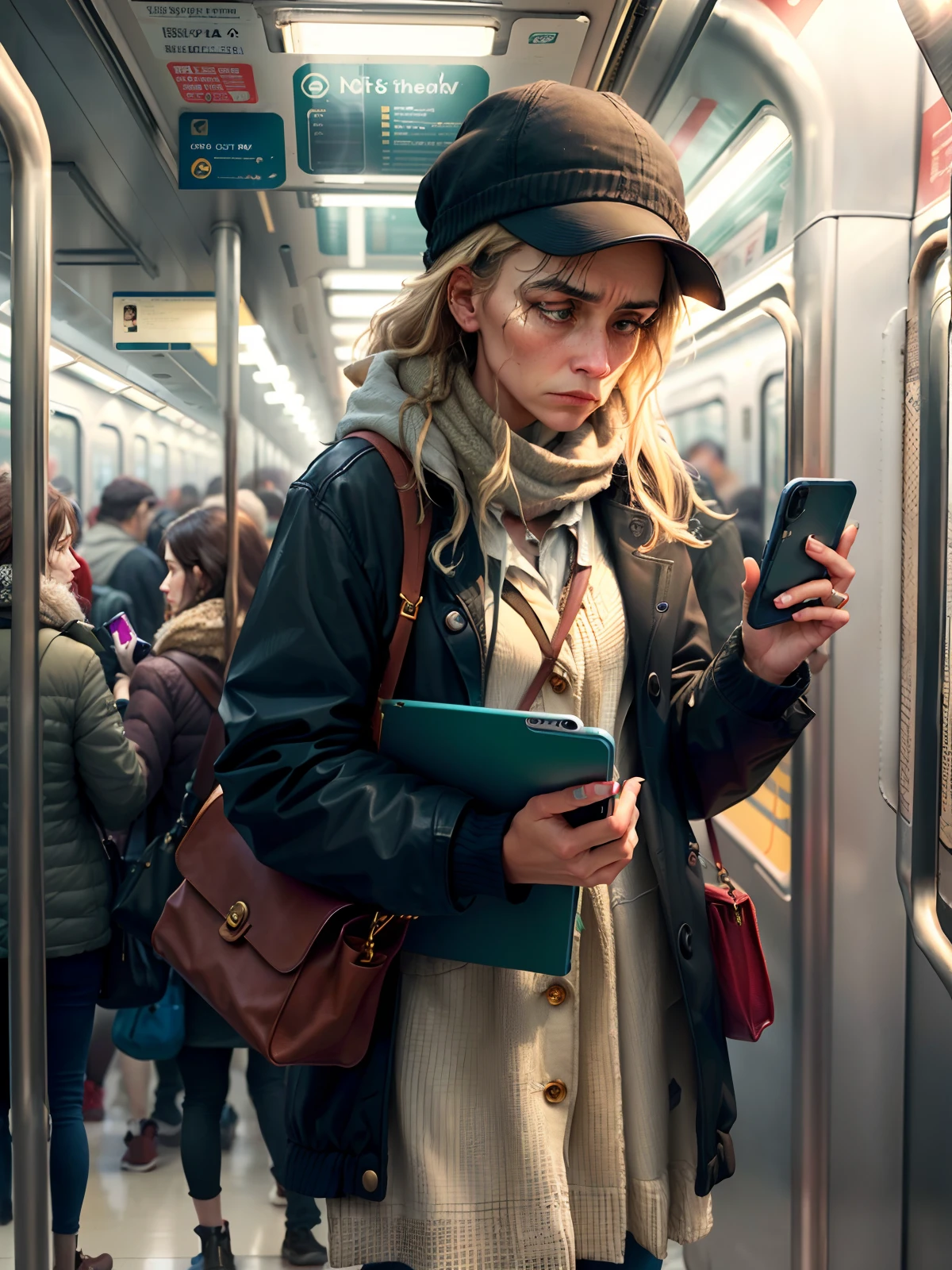 An ordinary woman with a haggard look looking down at her phone in a crowded subway