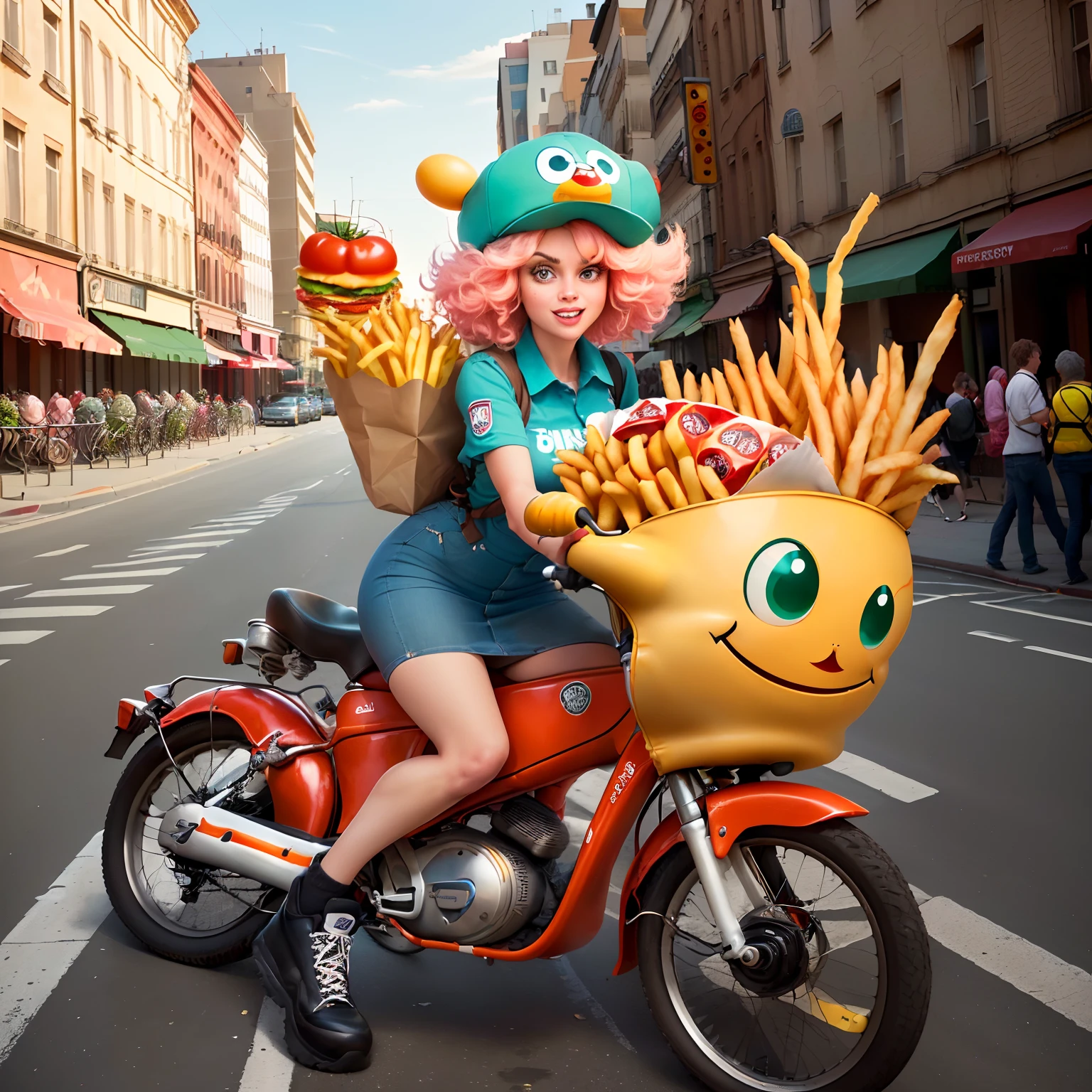 Foreground the cartoonish style: (funny style), (one character), (hamburger monster), (big eyes), (large claws), (cheese hair), (juicy tomatoes as body parts), (lettuce as the main fabric), (1 ketchup bottle), (french fries frame).
Background the street view: (detailed city buildings), (lamp posts), (traffic lights), (garbage cans), (several humans in fast food uniforms), (a branding logo).
Note: Adjust the relative weights of the tags to generate multiple iterations of the same prompt prompt.
