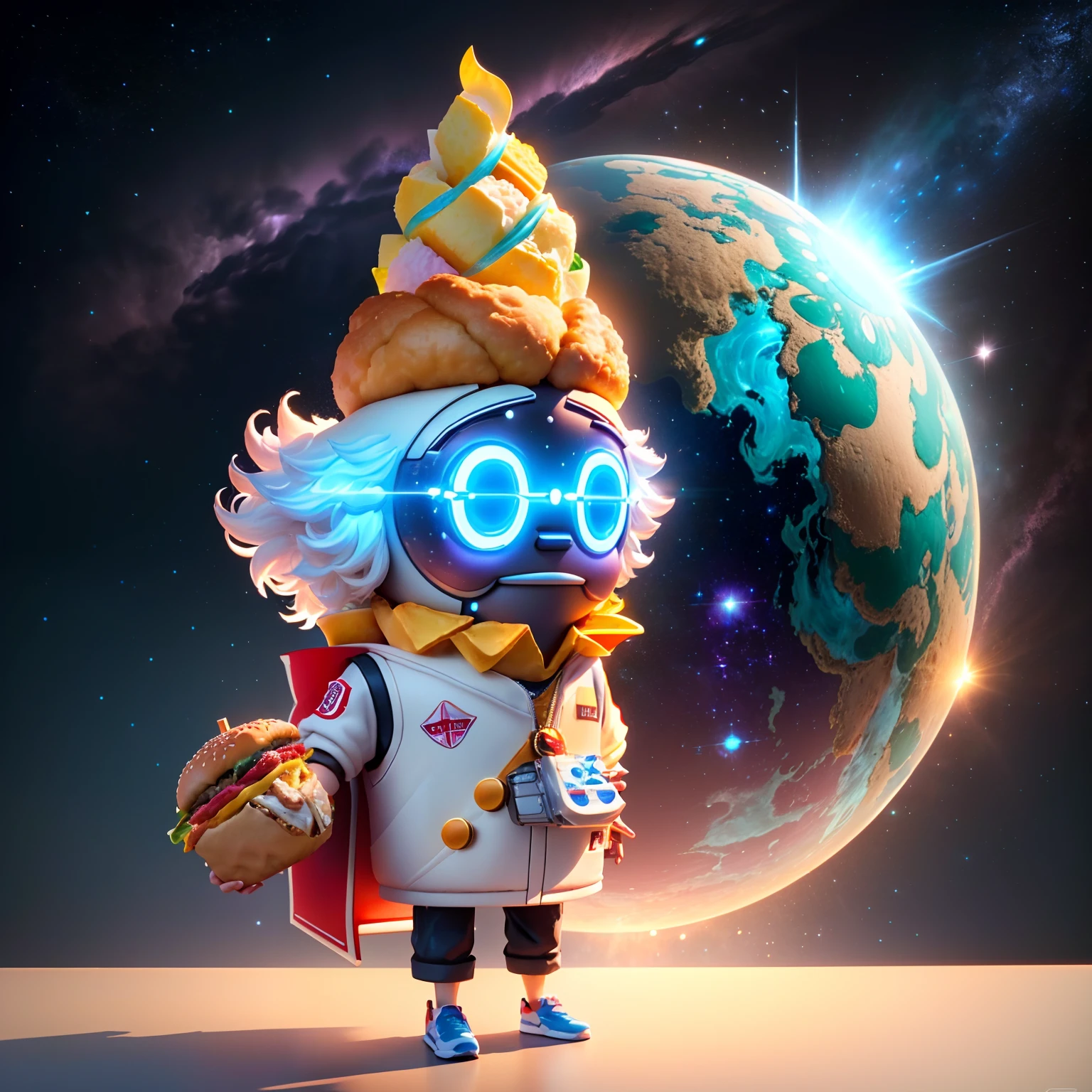 A KFC hamburger, magical, anthropomorphic, boy, dressed in a futuristic machine and carrying a mechanical weapon, with a colorful universe in the background. Pixar Animation, funky blind box, OC render, Ray-tracing, high quality, high detail, High resolution, 8k, bust size