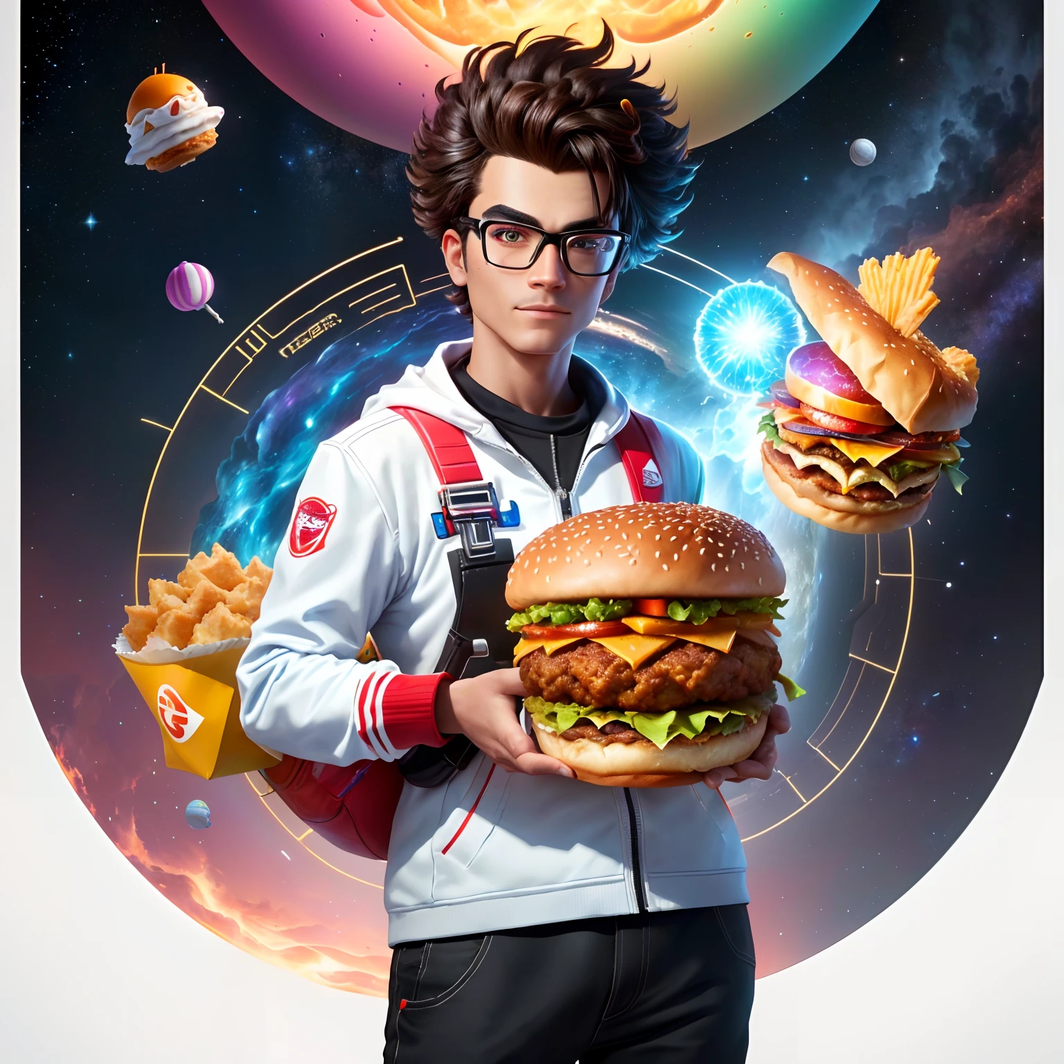 A KFC hamburger, magical, anthropomorphic, boy, dressed in a futuristic machine and carrying a mechanical weapon, with a colorful universe in the background. Pixar Animation, funky blind box, OC render, Ray-tracing, high quality, high detail, High resolution, 8k, bust size