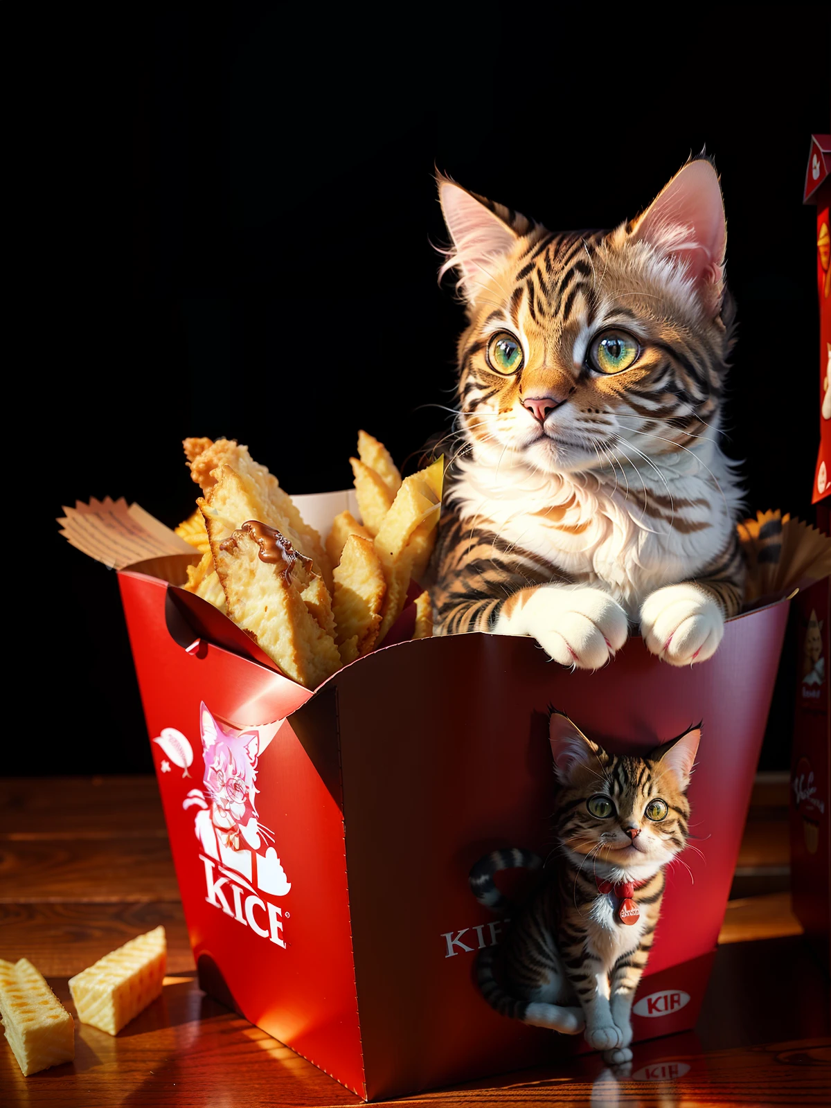 （((a cat in clothes)),，full shot，fluffy hair, anthropomorphic expressions, rich colors, exquisite details, masterpiece, realistic，artsation, cg, realistic, Unreal Engine , real light and shadow, beautiful rich colors, amazing details, high quality，a pair of ears）Kitten is housed in a red kfc french fries box with its head and tail peeking out of the kfc french fries box