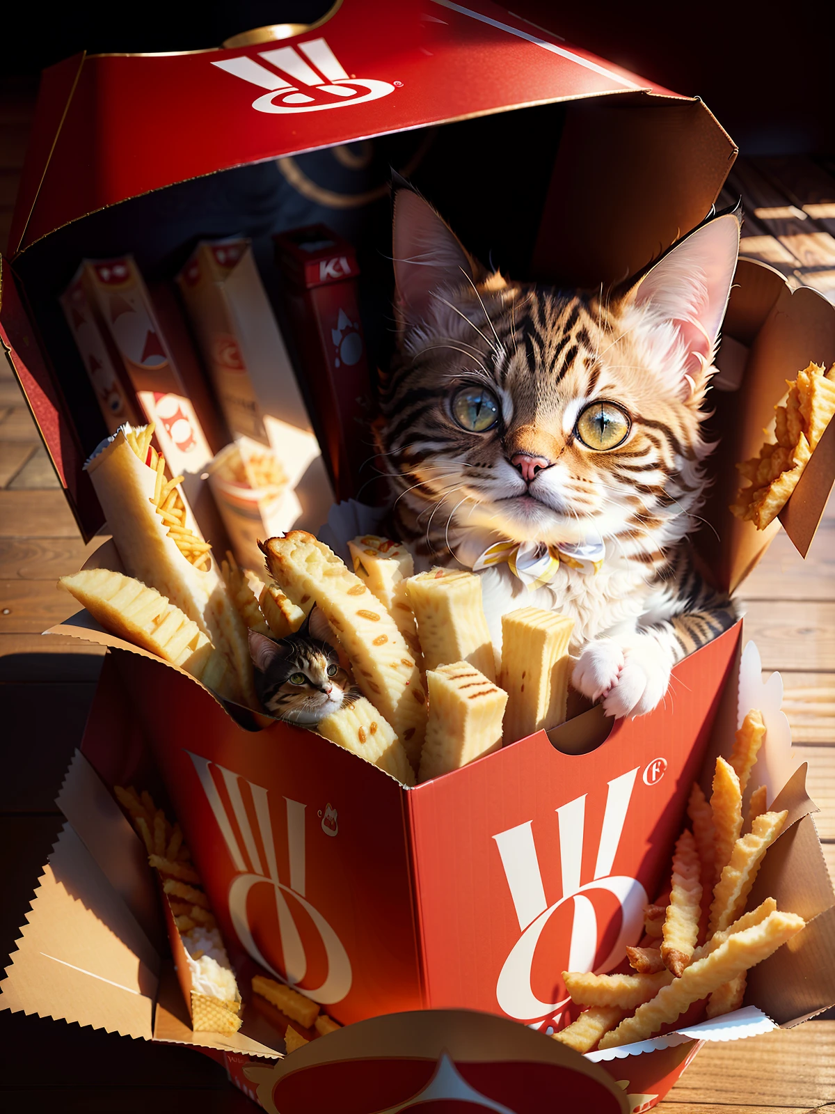 (((a cat in clothes)),,full shot,fluffy hair, anthropomorphic expressions, rich colors, exquisite details, masterpiece, realistic,artsation, cg, realistic, Unreal Engine , real light and shadow, beautiful rich colors, amazing details, high quality,a pair of ears)Kitten is housed in a red kfc french fries box with its head and tail peeking out of the kfc french fries box