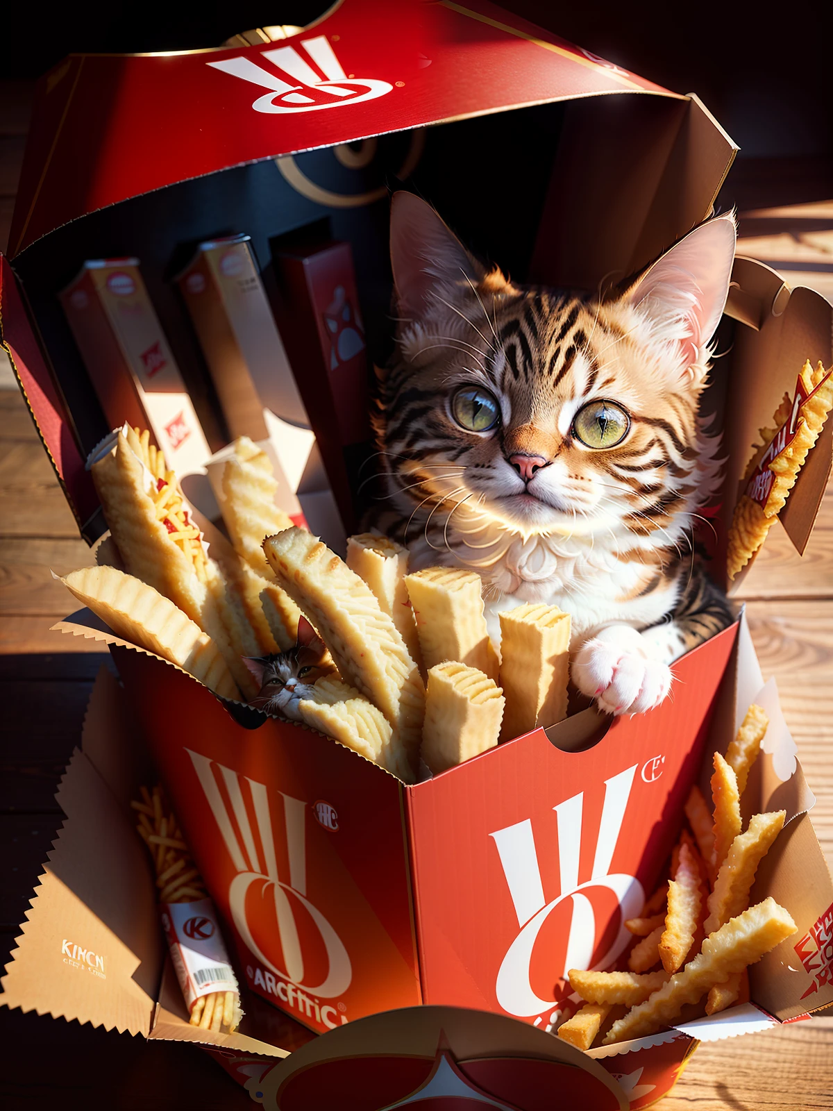 (((a cat in clothes)),,full shot,fluffy hair, anthropomorphic expressions, rich colors, exquisite details, masterpiece, realistic,artsation, cg, realistic, Unreal Engine , real light and shadow, beautiful rich colors, amazing details, high quality,a pair of ears)Kitten is housed in a red kfc french fries box with its head and tail peeking out of the kfc french fries box