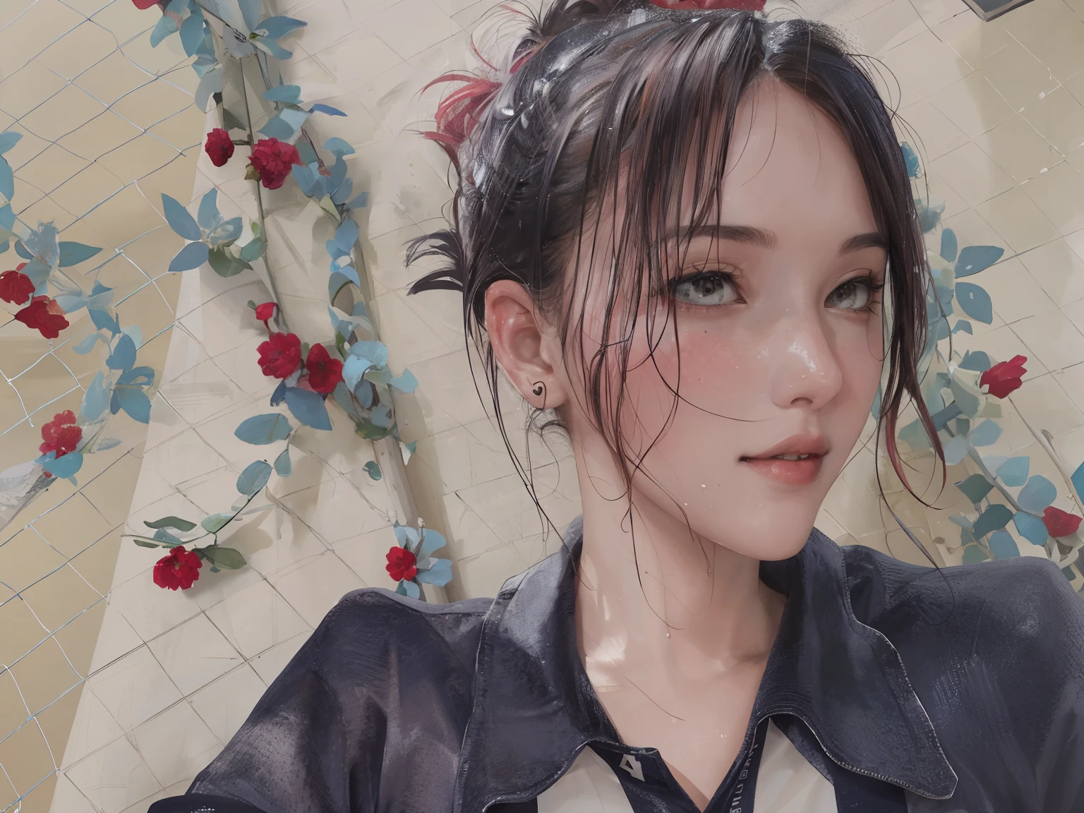 Masterpiece: 1.2, best quality), realistic, (real picture, intricate details, depth of field), (1girl, solo), makeup, parted lips, high detail, perfect face, (huge breasts: 1.4), (skindentation ), Thick Thighs, Wide Hips, Thin Waist, Tall, Coral Lips, Red Hair, Red Eyes, Ponytail, (Girl Playing Volleyball, White Volleyball Uniform), (Sweating: 1.2), (Wet), Sexy, Blushing,