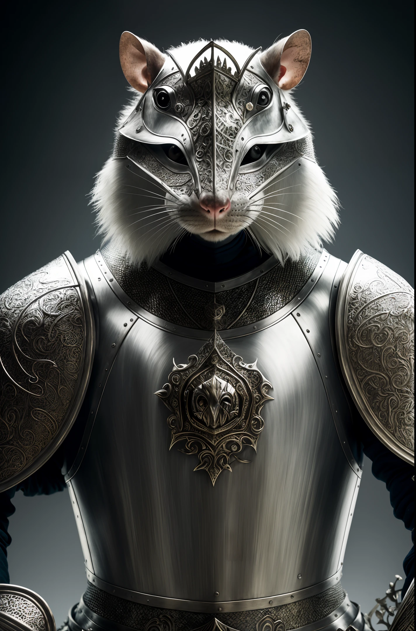 Rat made of (kneeling knight), portrait, elaborate armor, intricate design, silver, silk, film lighting, 4k,