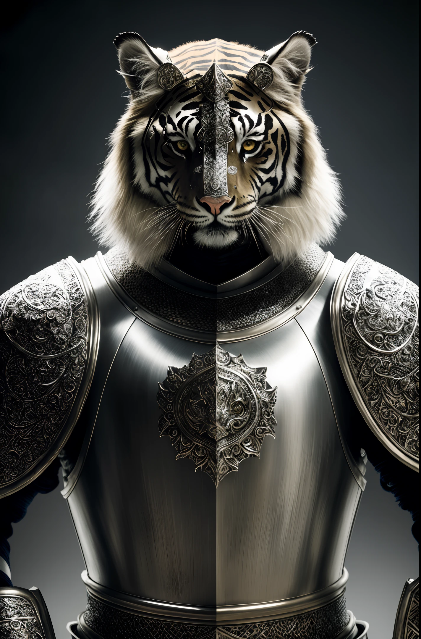 Tiger made of (kneeling knight), portrait, elaborate armor, intricate design, silver, silk, film lighting, 4k,