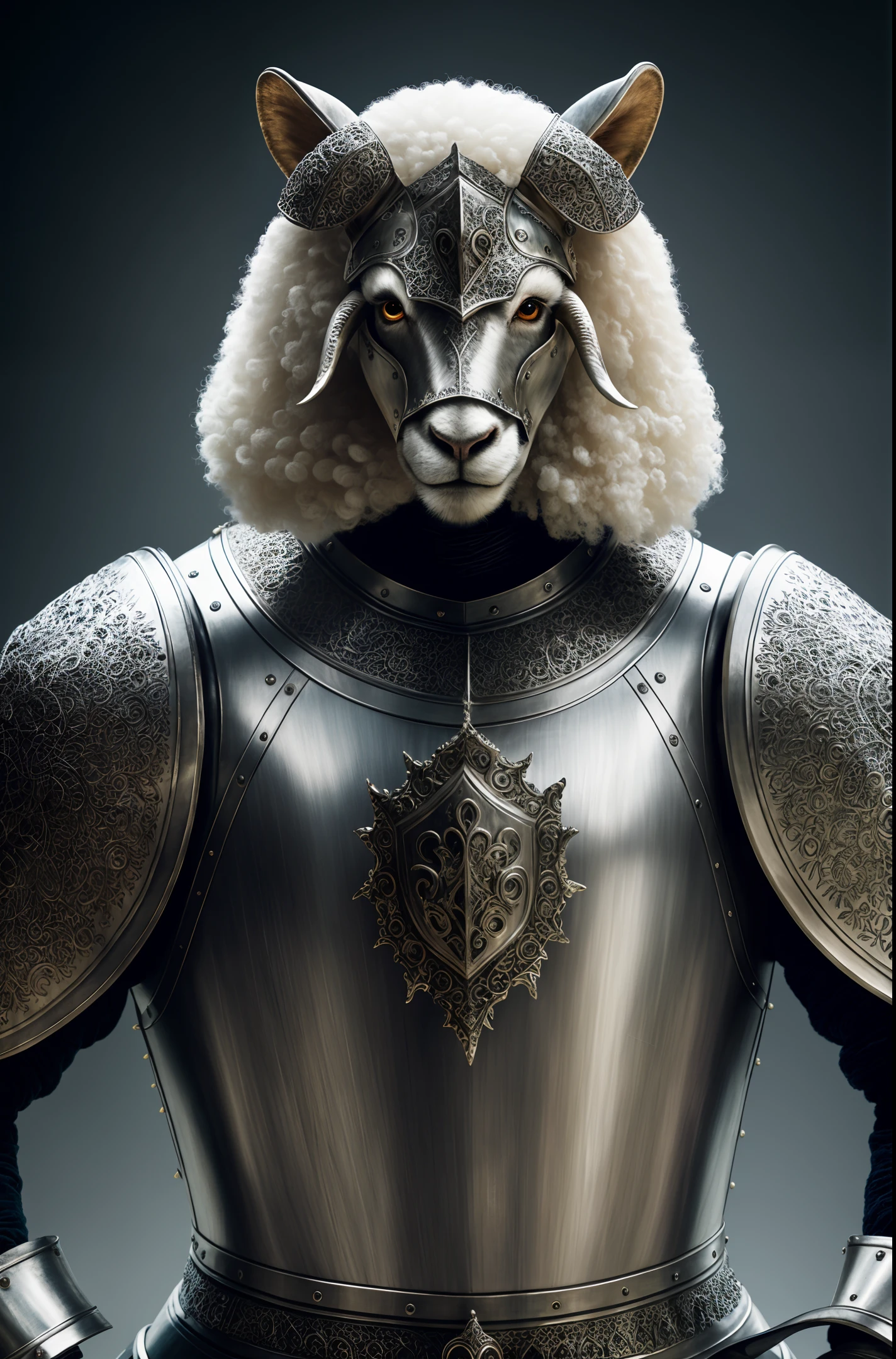 Sheep made of (kneeling knight), portrait, elaborate armor, intricate design, silver, silk, movie lights, 4k,