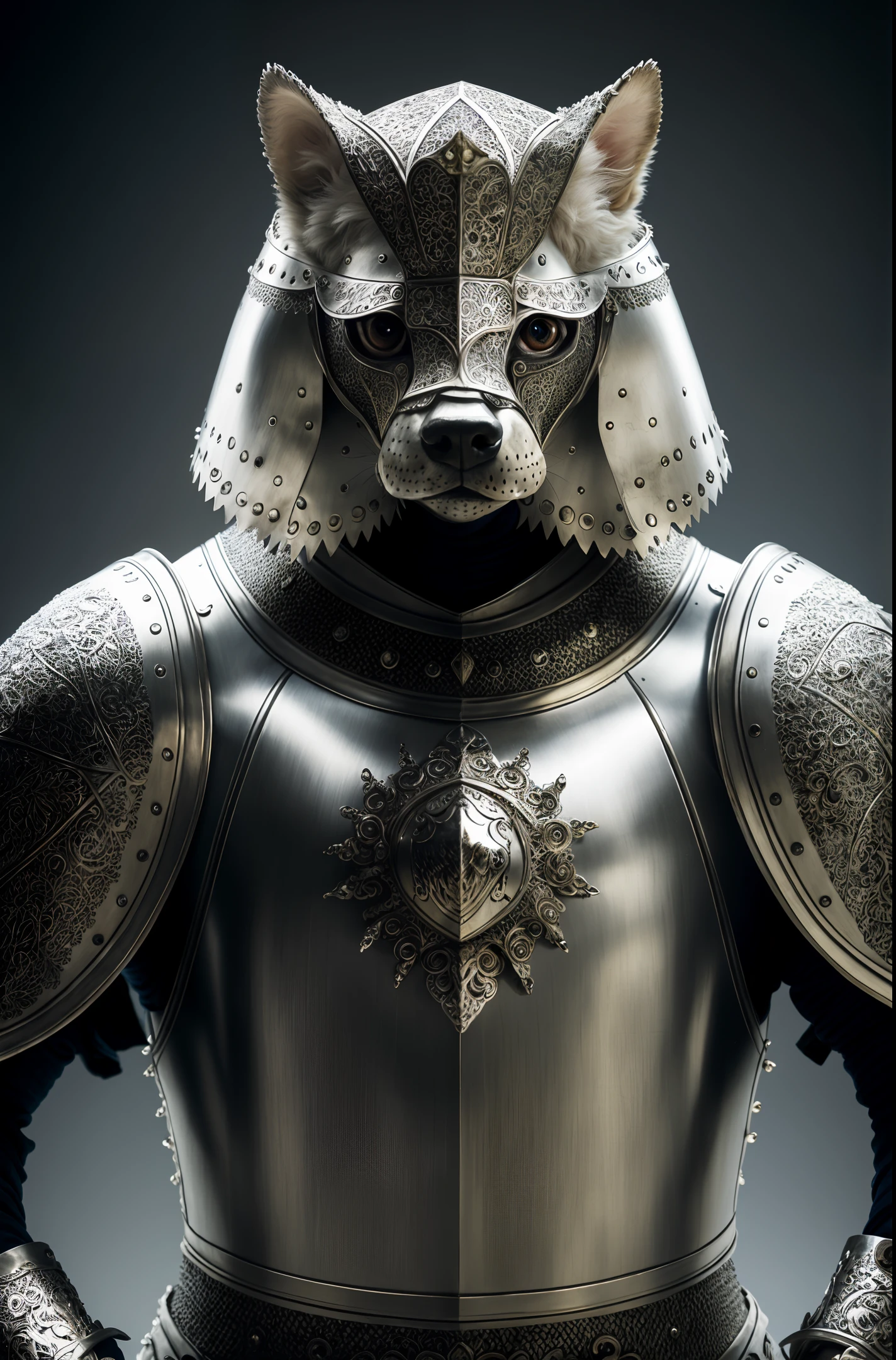 Dog made of (kneeling knight), portrait, elaborate armor, intricate design, silver, silk, film lighting, 4k,