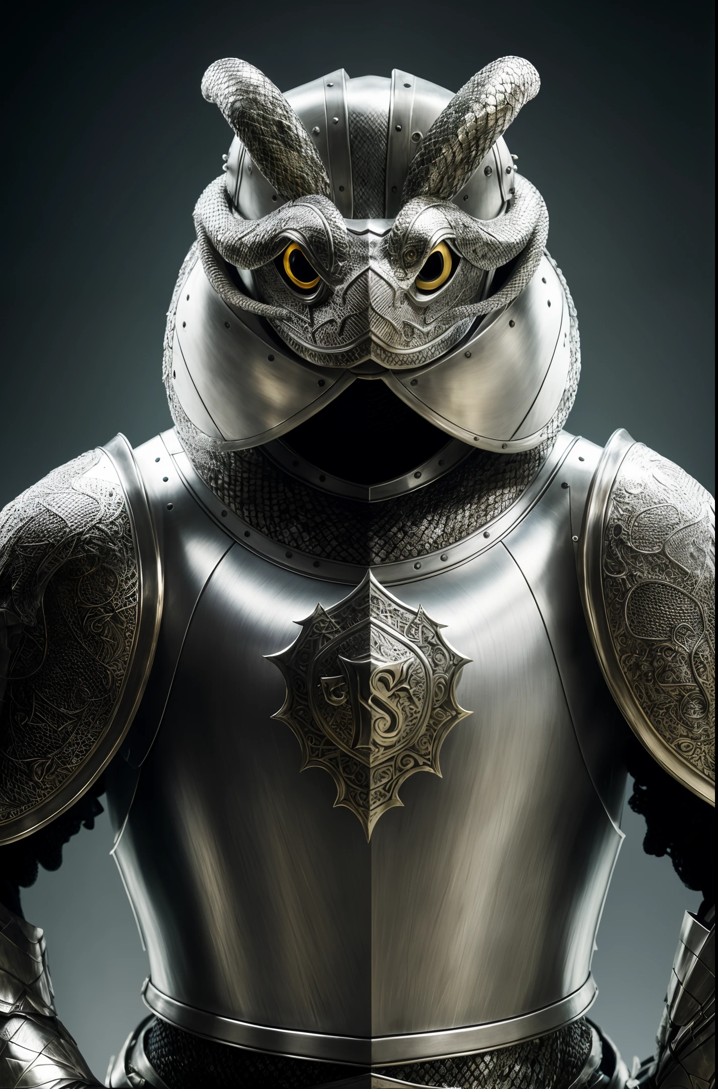 Snake made of (kneeling knight), portrait, elaborate armor, intricate design, silver, silk, film lighting, 4k,